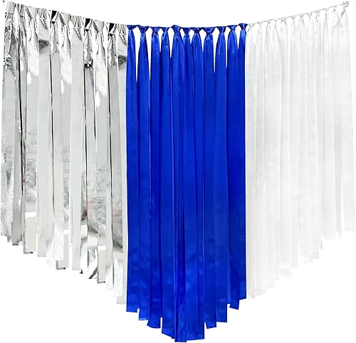 Decoración de fiesta azul marino, plateado, blanco, telón de fondo de 197 pies x 1.97 pulgadas de ancho, cinta de satén con flecos, guirnalda