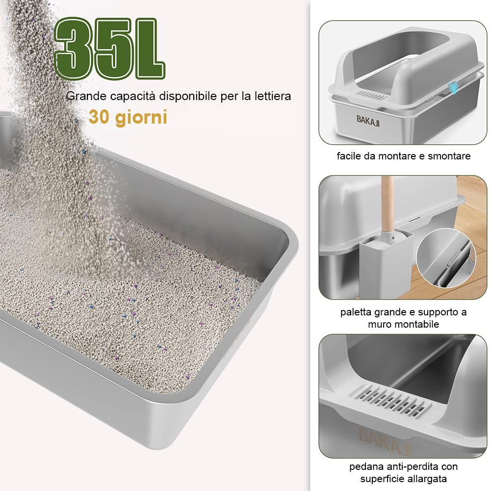 BAKAJI XXL Katzentoilette mit Stahlfuß mit Rand und sandabweisender Trittfläche, Auffangschaufel mit Behälter und Schmutzmatte, Rutschfester Boden, Fassungsvermögen 35 Liter, 60 x 40 x 30 cm