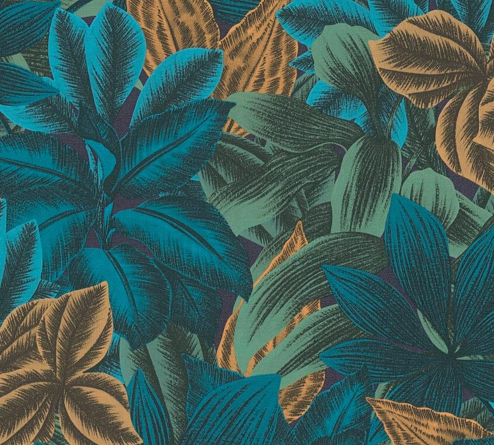 Livingwalls Travel Styles Non-Woven Wallpaper - Jungle Wallpaper in Blue and Orange - Tropical Wallpaper for Various Rooms in 10.05 m x 0.53 m