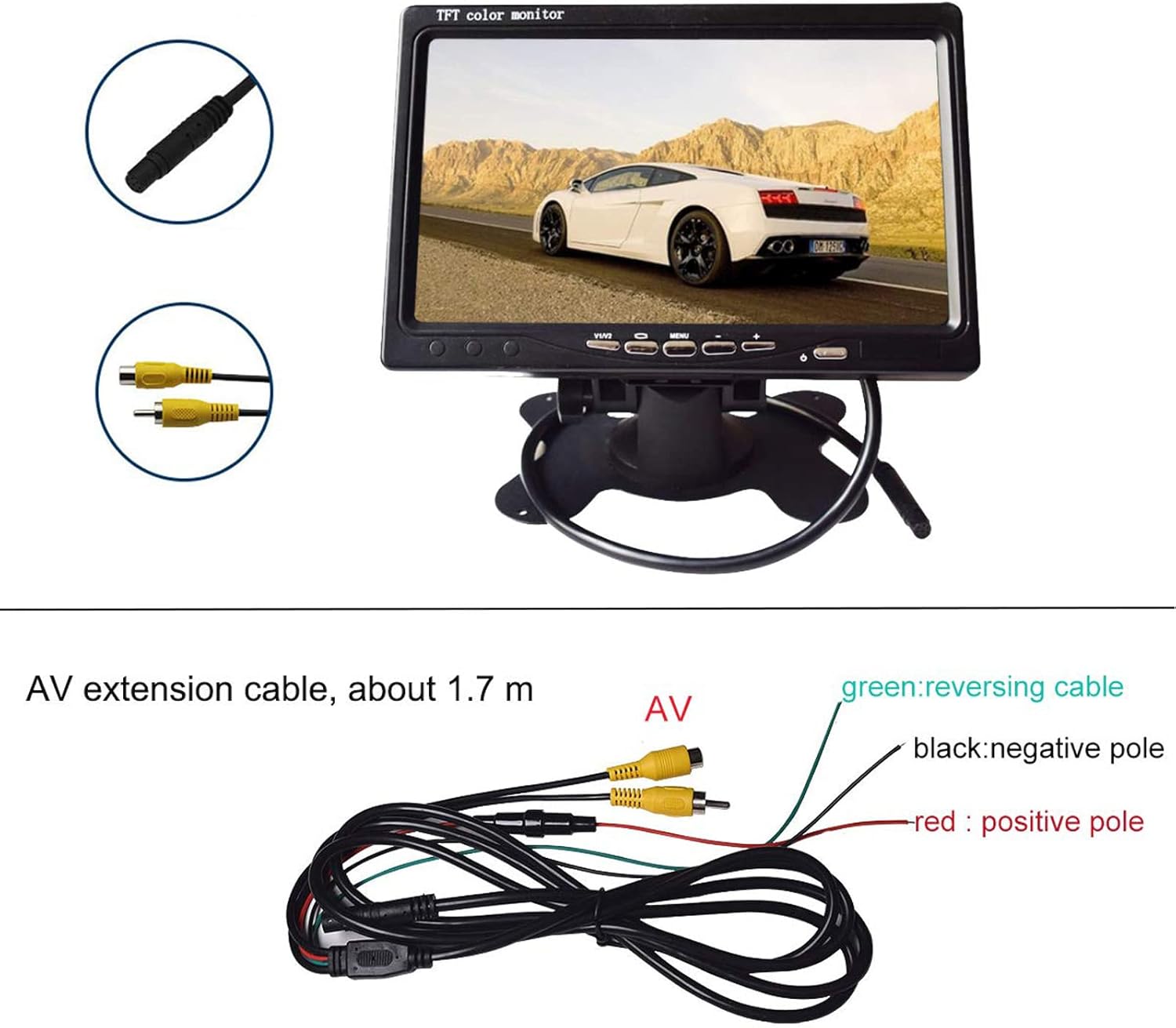Vehicle On-Dash Backup Monitor, 7" Digital HD Car TFT LCD Color Screen Display with 2 Video Input for Rear View Camera