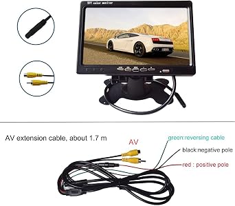 Vehicle On-Dash Backup Monitor, 7 Digital HD Car TFT LCD Color Screen Display with 2 Video Input for Rear View Camera