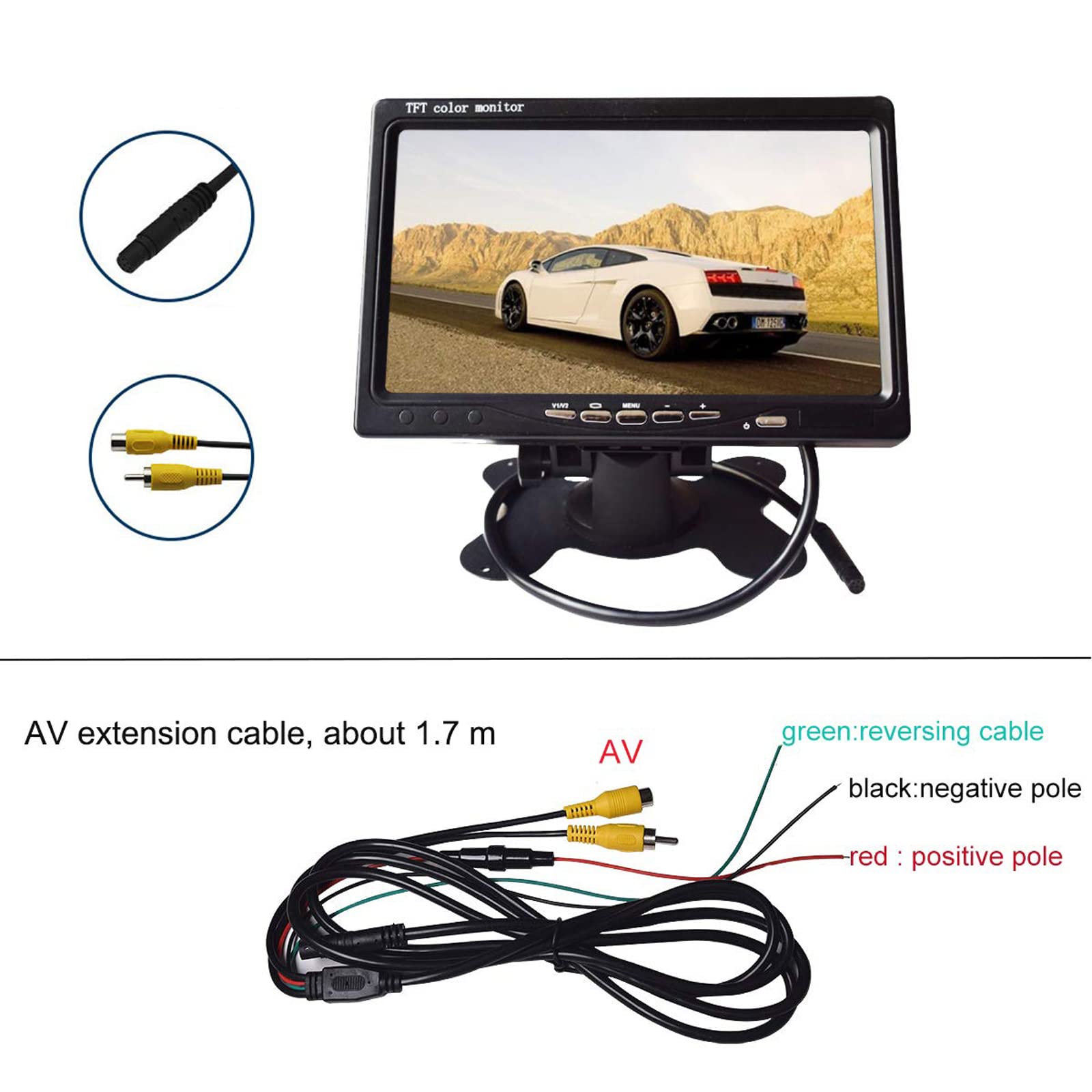 Lychee Schermo 7 Pollici TFT LCD Schermo Ultra-Sottile Monitor Portatile Parcheggio Posteriore Monitor retromarcia con 2 ingressi video 2 AV, per Auto/Autobus/Camion/Rimorchi