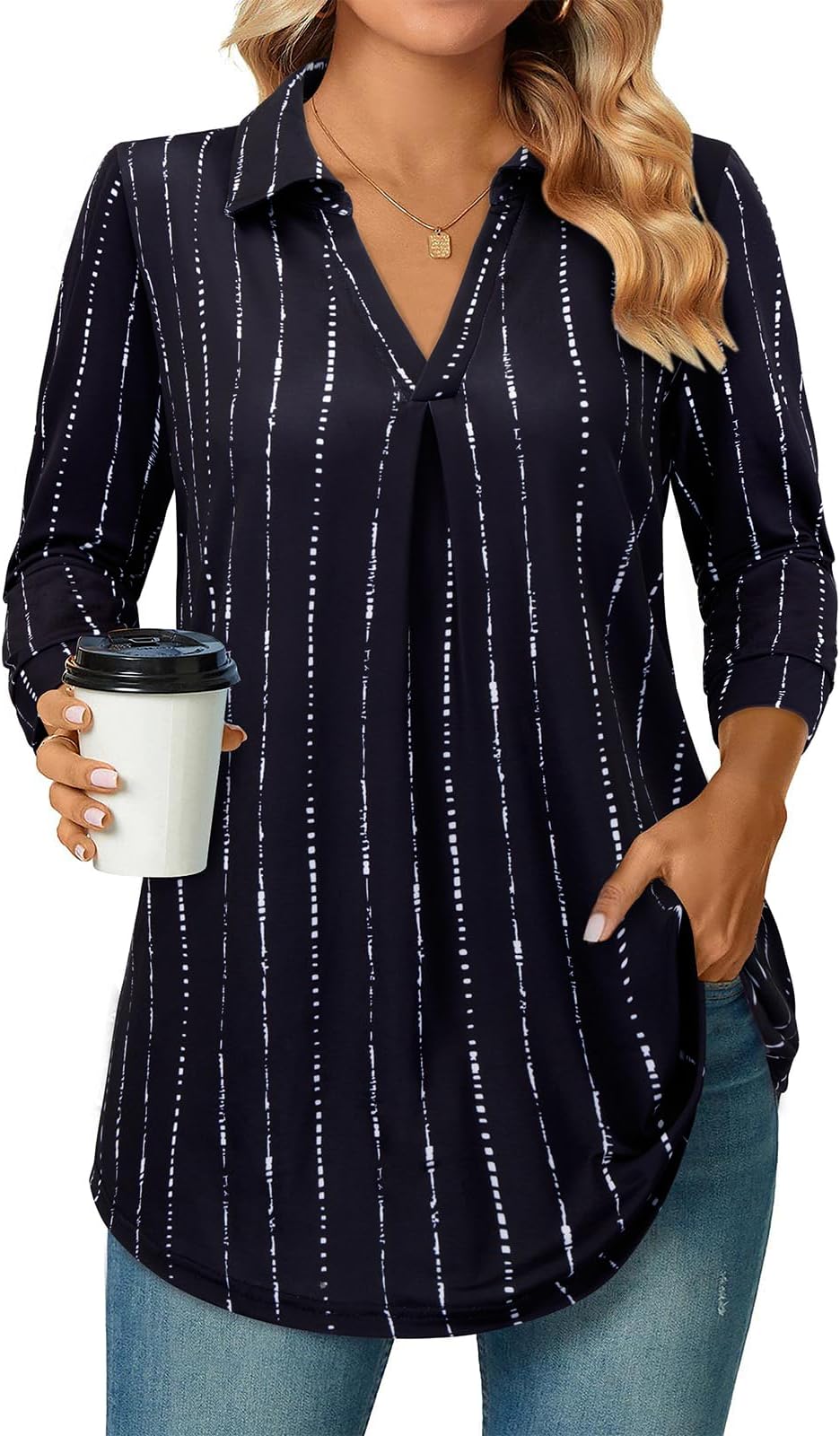 3/4 Length Sleeve Womens Tops Dressy Casual V Neck Collared Blouses Work Office Tunics 2026 Spring Summer