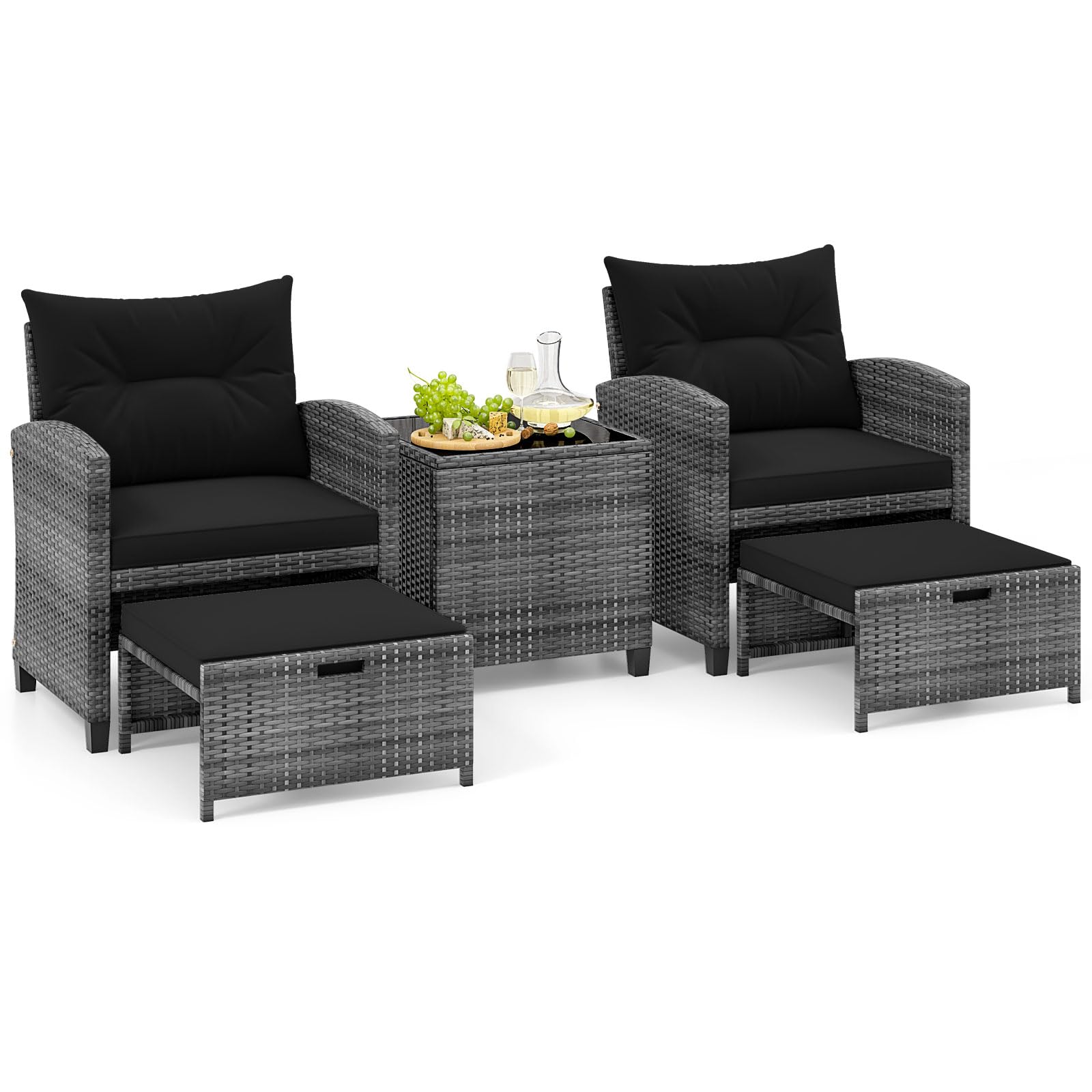 COSTWAY 5-Piece Rattan Garden Furniture Set, Patio Conversation Set with 2 Chairs, 2 Stools, Glass Top Coffee Table and Thick Cushions, Balcony Wicker Weave Outdoor Sofa Seating (Black+Mix Grey)