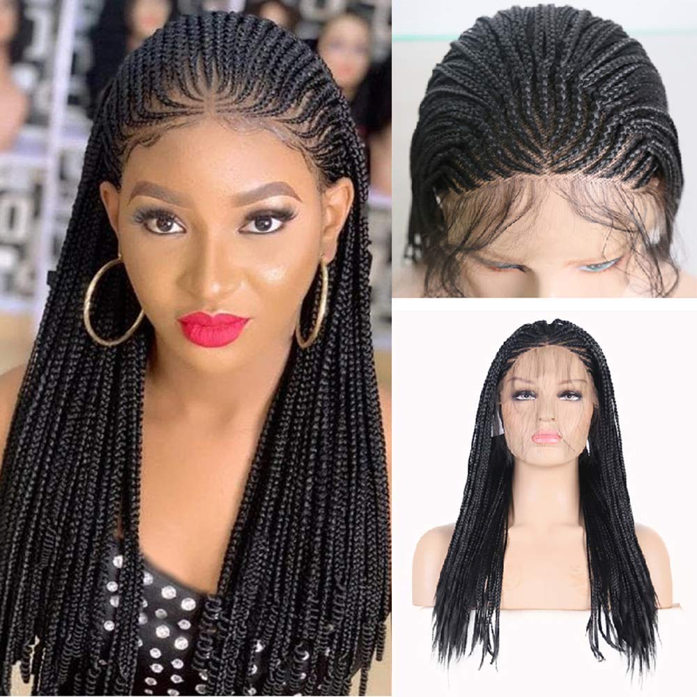 RONGDUOYI RDY 18 Inches Black Braided Lace Front Wigs for Black Women Natural Hairline Synthetic Wig Pre Plucked Glueless Braids Wig (180% Density,Style2)