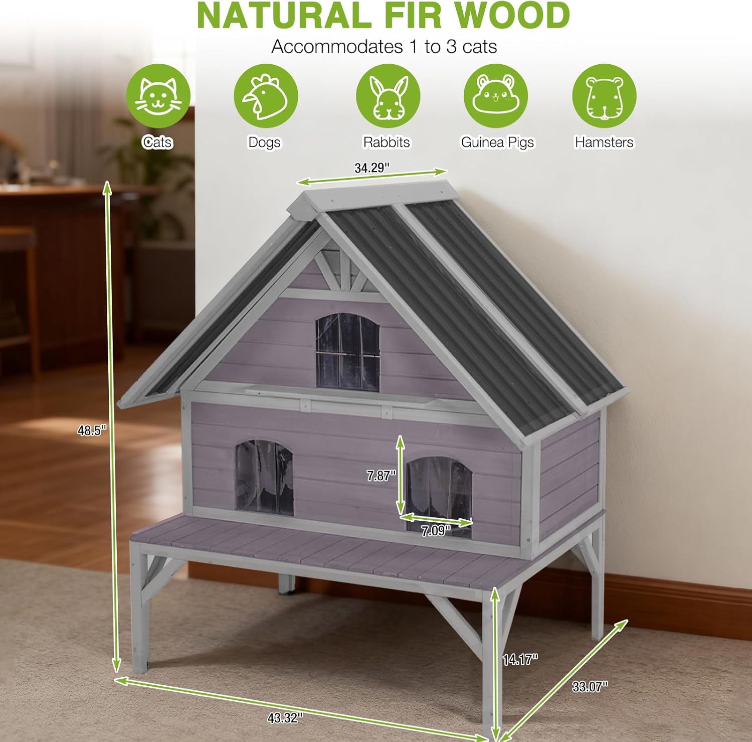 GUTINNEEN Outdoor Cat House Weatherproof Large Feral Cat Shelter with 2-Layer, Wooden Cat Condo with Balcony, Escape Doors and Openable Back Door for Multiple Cats Indoor