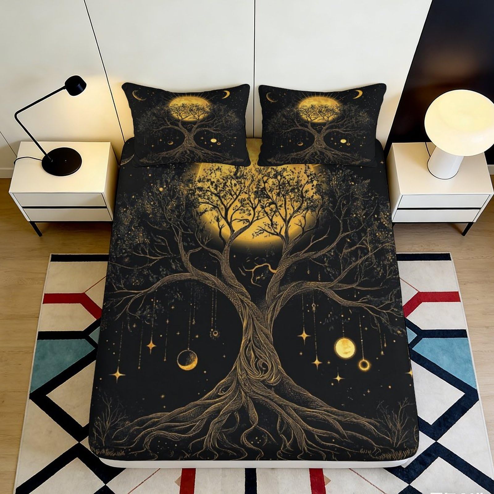 3D Printed Magical Tree Fitted Sheet Microfiber Soft Durable Cosmic Moon Bed Cover for Bedroom Dormitory Guest Room Mattress Protection 120x200x25cm