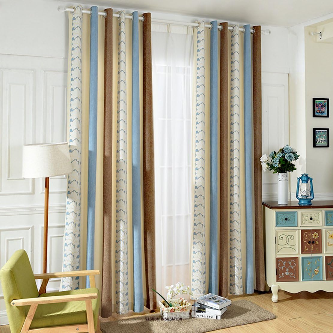 Anady Top Striped and Flower Curtains Drapes Luxurious Chenille Blue Brown Curtains for Living Room Grommet 100 inch Lenght 2017 New