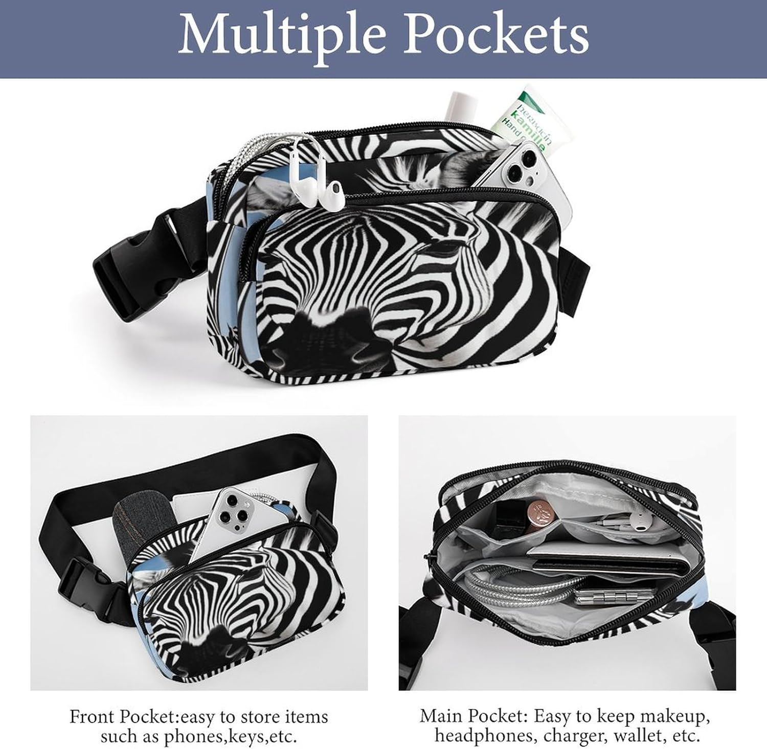 Zebra Fanny Pack Belt Bag with Adjustable Strap Fashion Waist Bag for Outdoor Sports Hiking
