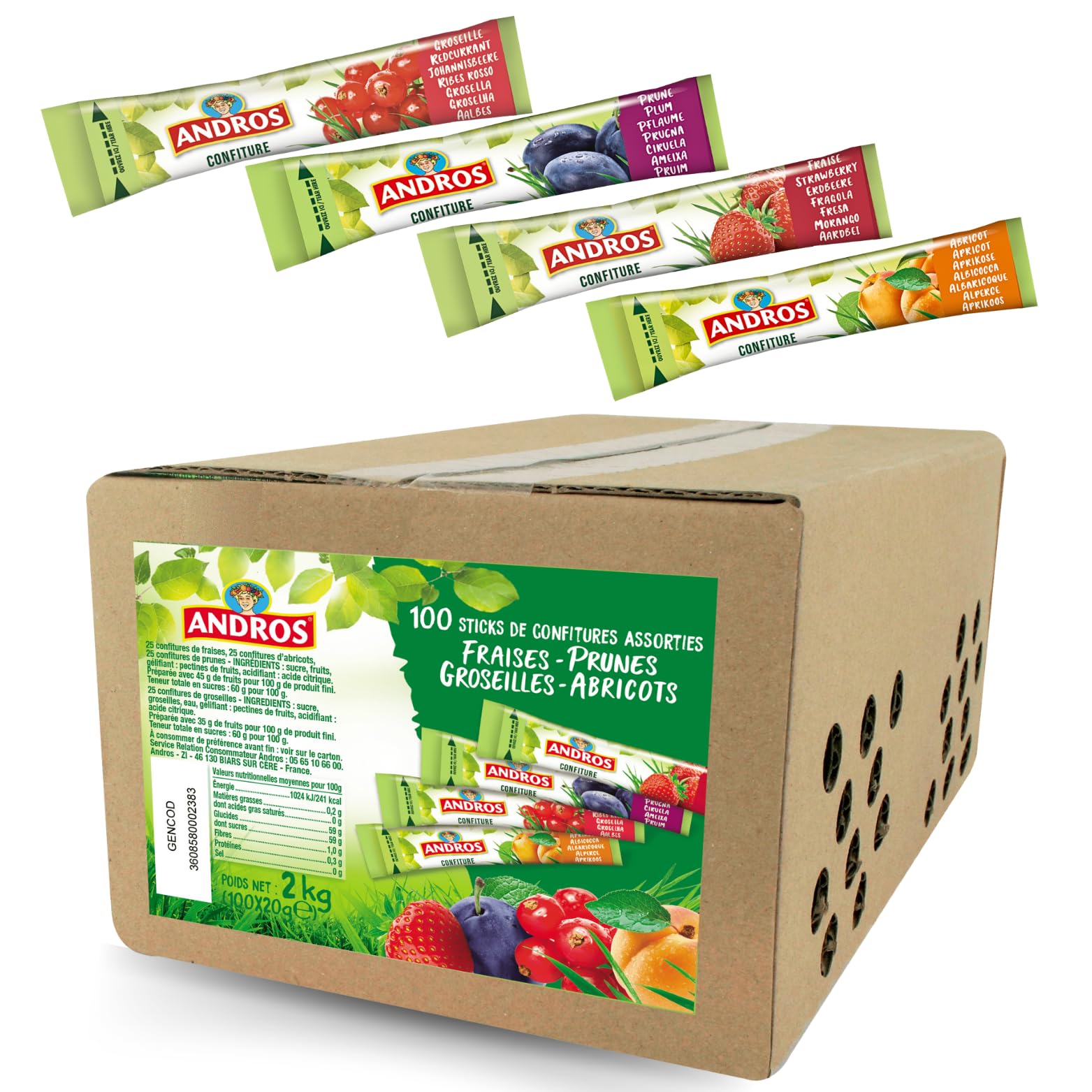 ANDROS | 100 sticks individuels de confiture 20g | 4 parfums pour varier les plaisirs : fraise, prune, groseille, abricot