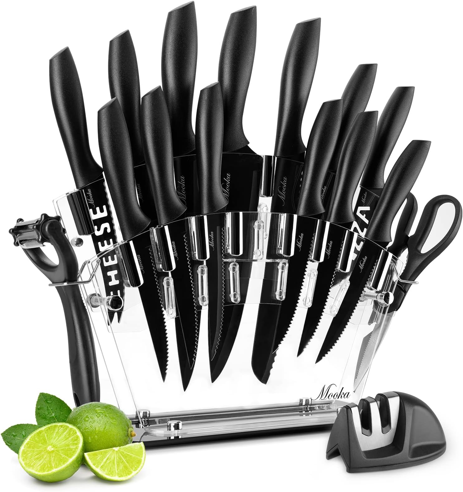Knife Set, 17 Pieces Kitchen Knife Set with Acrylic Stand, 13 Black Non-Stick Coating Stainless Steel Knives, Chef Knife, 6 Steak Knives, Scissors, Peeler and Knife Sharpener