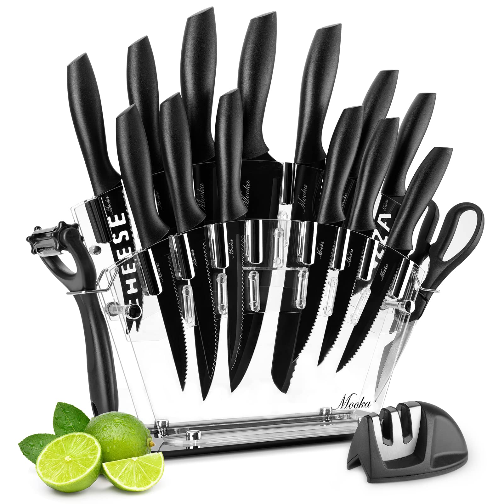 Knife Set, 17 Pieces Kitchen Knife Set with Acrylic Stand, 13 Black Non-Stick Coating Stainless Steel Knives, Chef Knife, 6 Steak Knives, Scissors, Peeler and Knife Sharpener