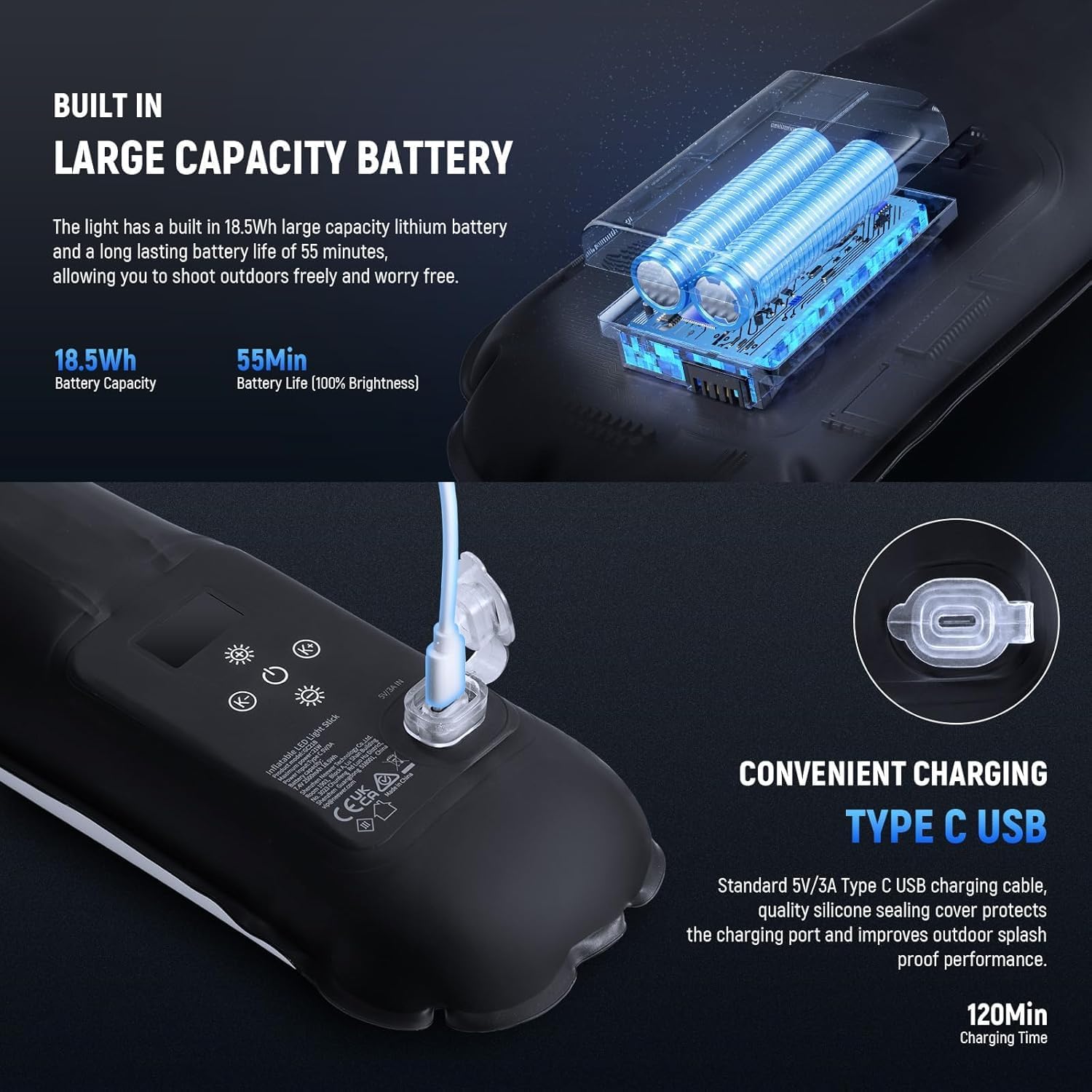 NEEWER Basics 21W Handheld LED Fill Light, 35.5" Bi Color Portable Inflatable TPU Video Lighting with Inflator 2700-6500K 1300Lux 12 Scenes CRI95 2500mAh for Studio Photography Video Recording, GC21B