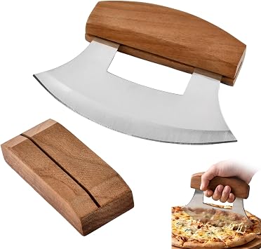 Alaskan Mezzaluna Ulu Knife, Sharp Rocker Mezzaluna Knife with Stand for Cutter Pizza, Meat, Vegetables, Herb, Salad, Chopper with Holder BaseCOLORWalnut wood