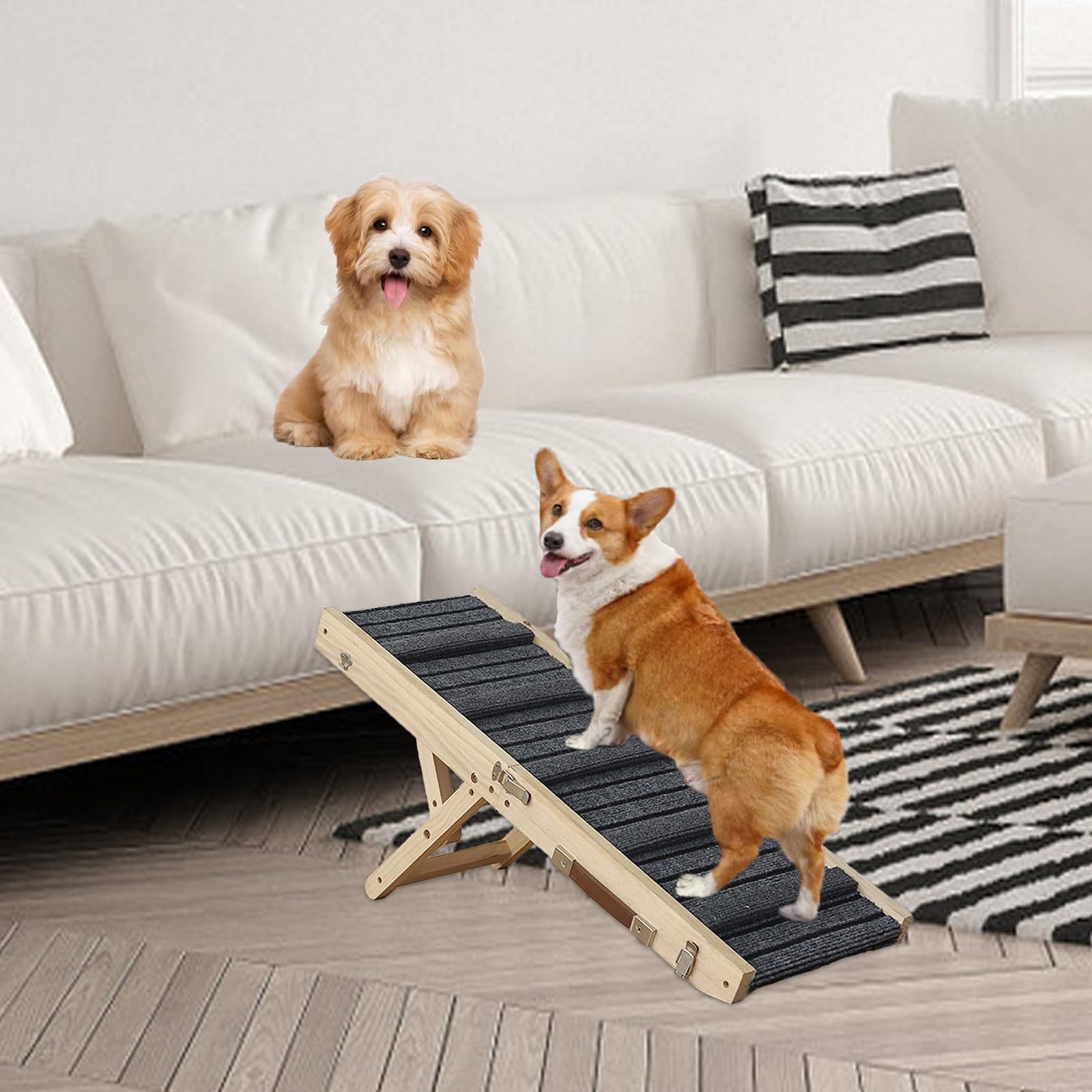 Dog Ramp - Portable Folding Wooden Pet Ramp, Adjustable 4 Height 8.28" to 14.76" with Non-Slip Traction Mat for Small Dogs, Dog Climbing Ladder Use for Sofa, Bed,Car