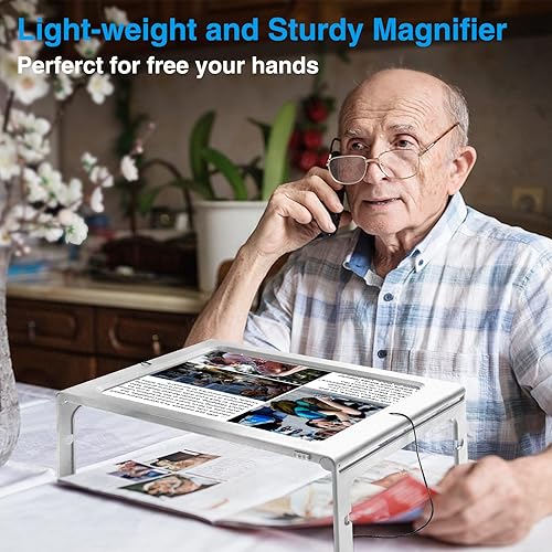 Vista 6 de Lupa mejorada para leer, lupa iluminada 3X grande con 12 luces LED, 2 modos de fuente de alimentación para área de lectura iluminada uniformemente
