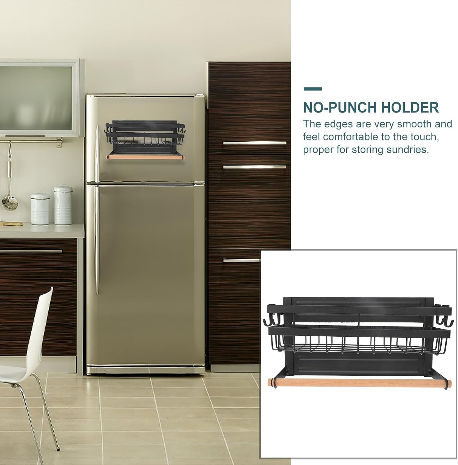 SAFIGLE Wall-Mounted Bathroom Kitchen Storage Shelf, Punch-Free Mesh Single-Layer Rack, Black Multi-Functional Sundries Holder for Refrigerator Side, Home Organization Rack