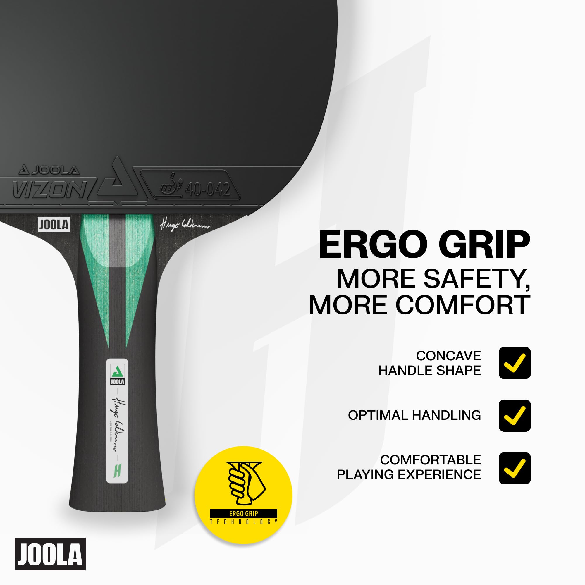 JOOLA Hugo Calderano Carbon - Raqueta de ping pong (incluye 3 pelotas de ping pong + funda, aprobado por la ITTF, revestimiento Vizon), color negro y verde