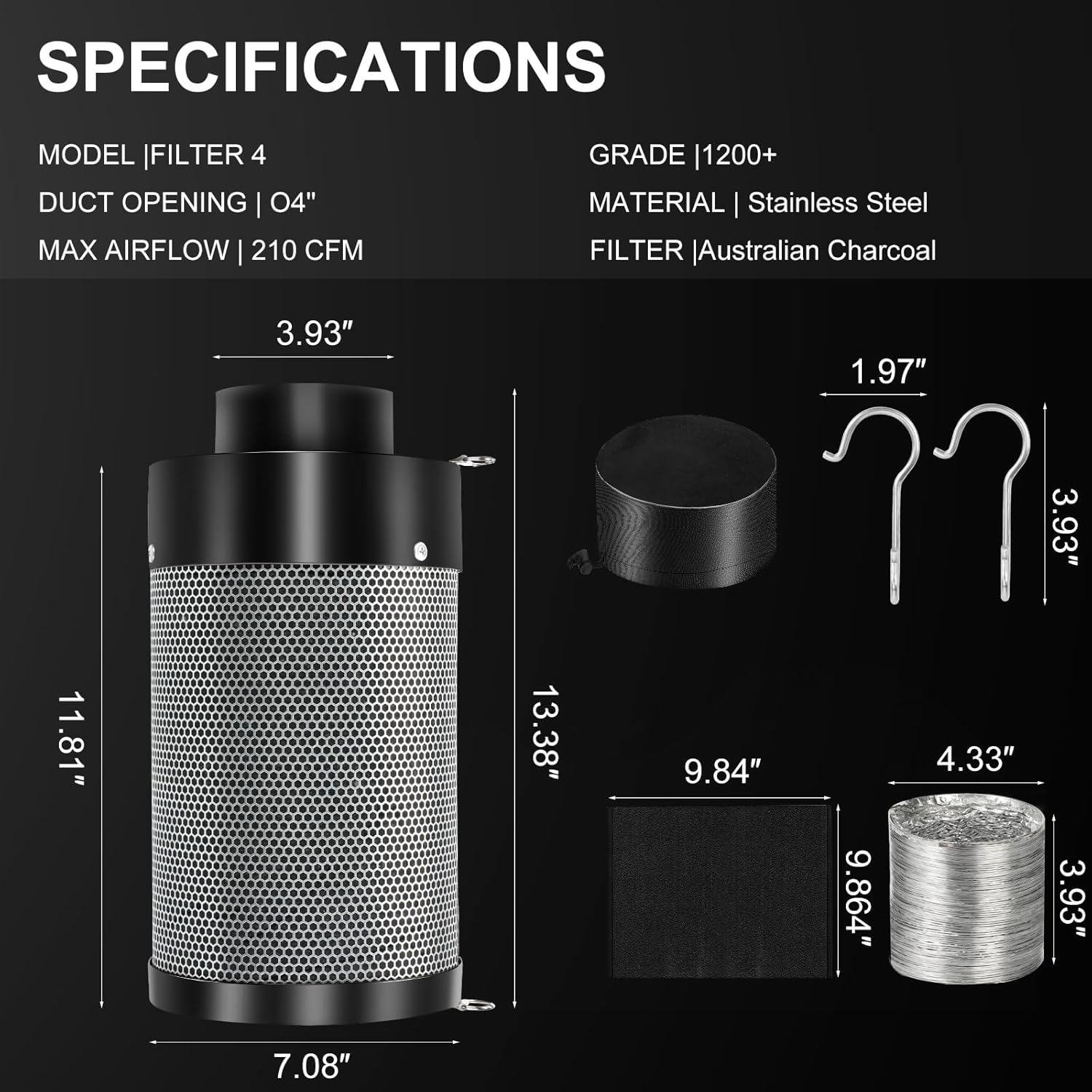 Atour 4'' Air Filtration Kit – 12-Speed Control, Quiet 14cm Fan & Carbon Filter. Includes 6.7' Ducting + Vent Cover. Perfect for Grow Tents, Indoor Gardens. Cool, Ventilate, Banish Odors – All-in-One.