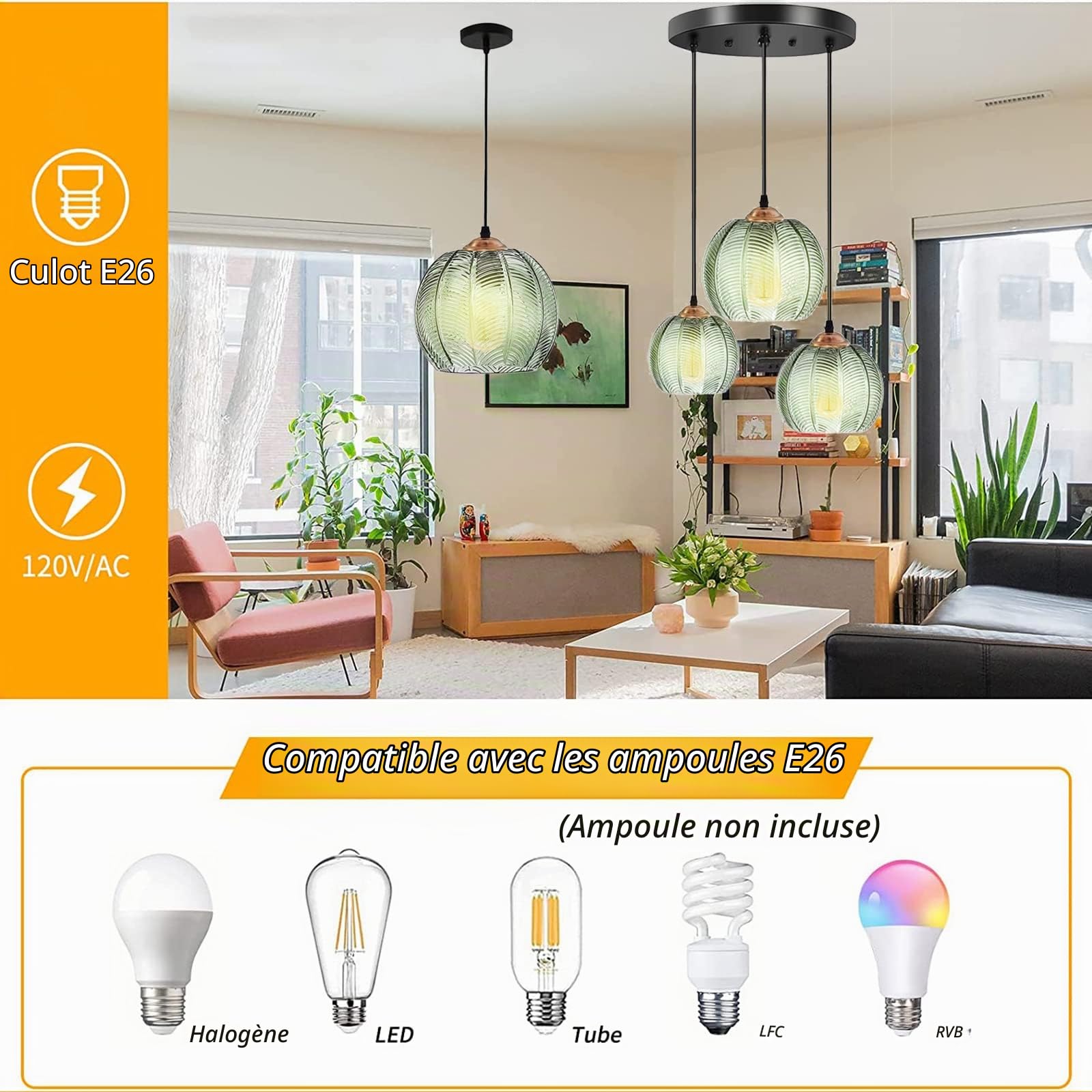 Suspension en Verre Vert Clair Suspension Luminaire Abat-jour Verre Art Déco Lampe Salon Salle à Manger,Cordon Réglable,Luminaire Suspendu pour Chambre à Coucher, Salon, évier de Cuisine (3SET)
