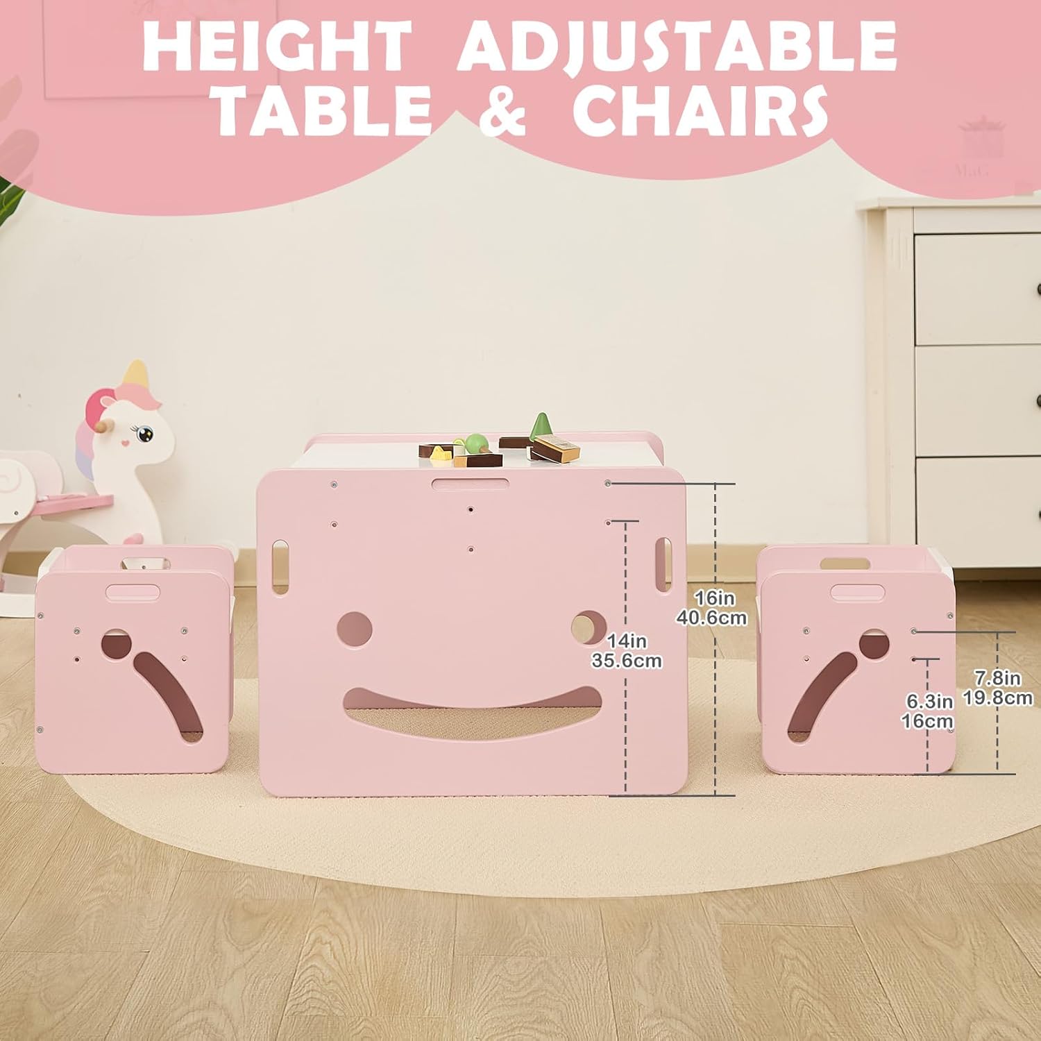 FUNLIO Height Adjustable Montessori Weaning Table and Chair Set for Age 1-3, Quality Solid Wood Toddler Table and 2 Chairs, Kids Table and Chairs for Reading/Eating/Playing,CPC Certified - Pink