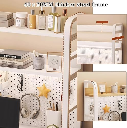 Miniatura 6 de TedmAr Estantería de escritorio para computadora, organizador de 2 niveles con 8 kits de almacenamiento, estante de metal multiusos para escritorio,