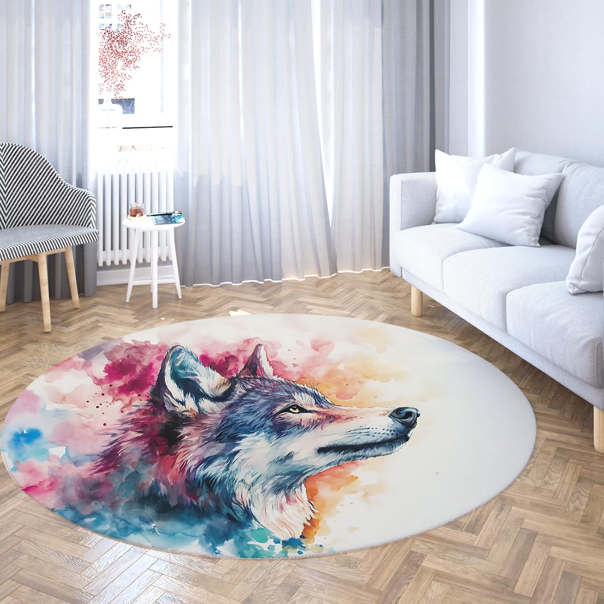 Tapis Rond Loup Sauvage Abstrait Art Moderne Chic 170cm