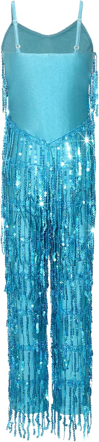 FEESHOW Kids Girls Stage Performance Shiny Metallic Dance Unitard Tassel Fringe Romper 80s Disco Party Wear
