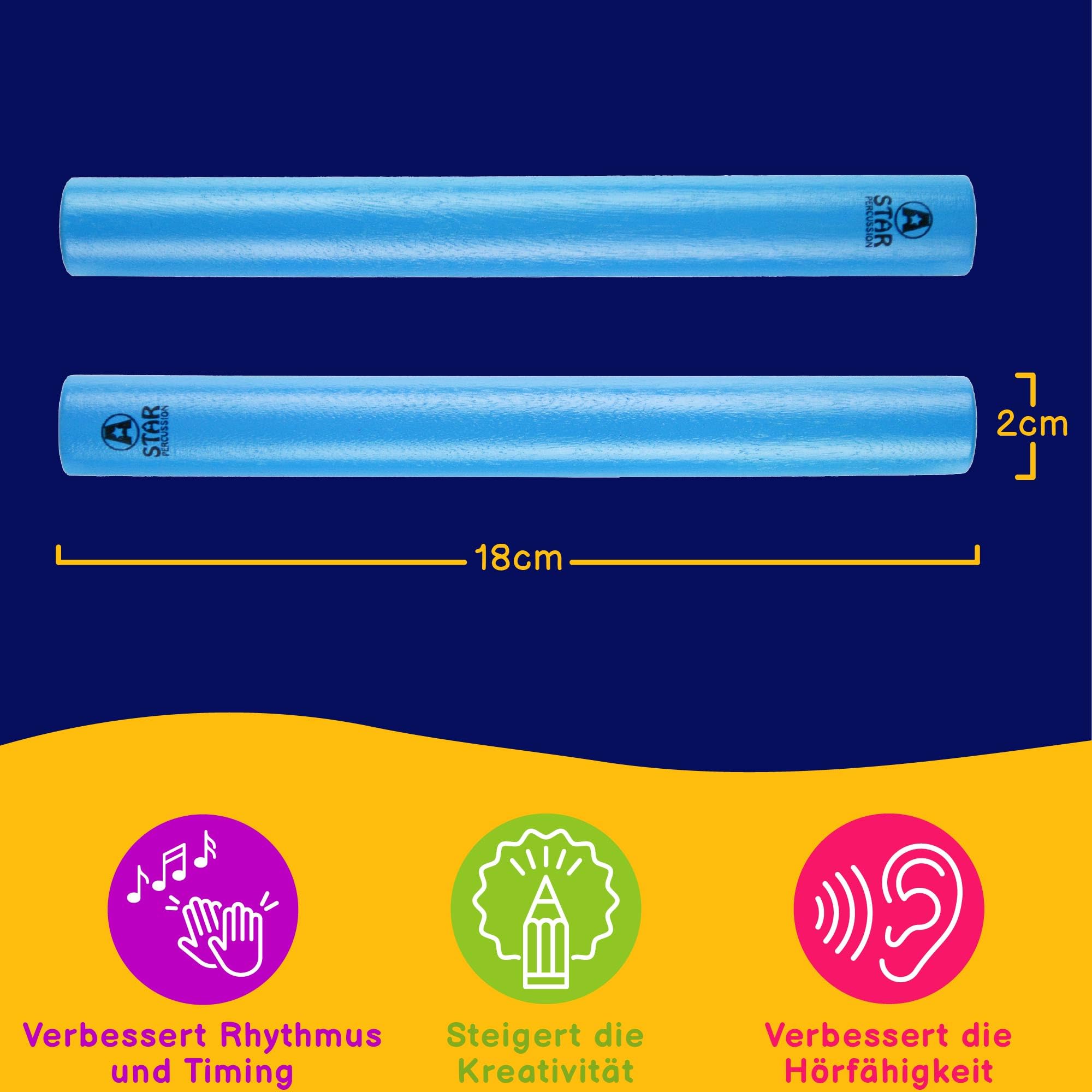 A-Star Blue Wood Claves, 20 cm – Packung mit 10 Paaren – Handrhythmusstäbe, Holzschlaginstrument