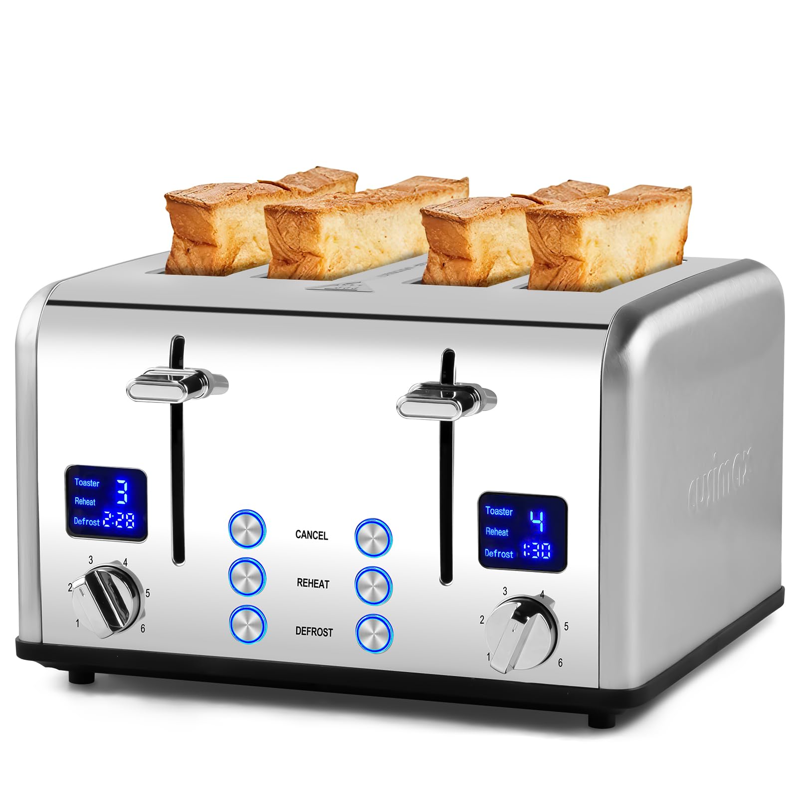 CUSIMAX 4 Slice Toaster LED Display Bread Toaster with Dual Control Panels of Timer, Extra Wide Slots and 6 Browning Settings, Cancel/Reheat/Defrost Function, Removable Crumb Trays, Silver