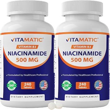 Vitamatic Niacinamide 500 mg 240 Tablets - Flush Free Vitamin B3 - Supports Energy Production-2 Pack