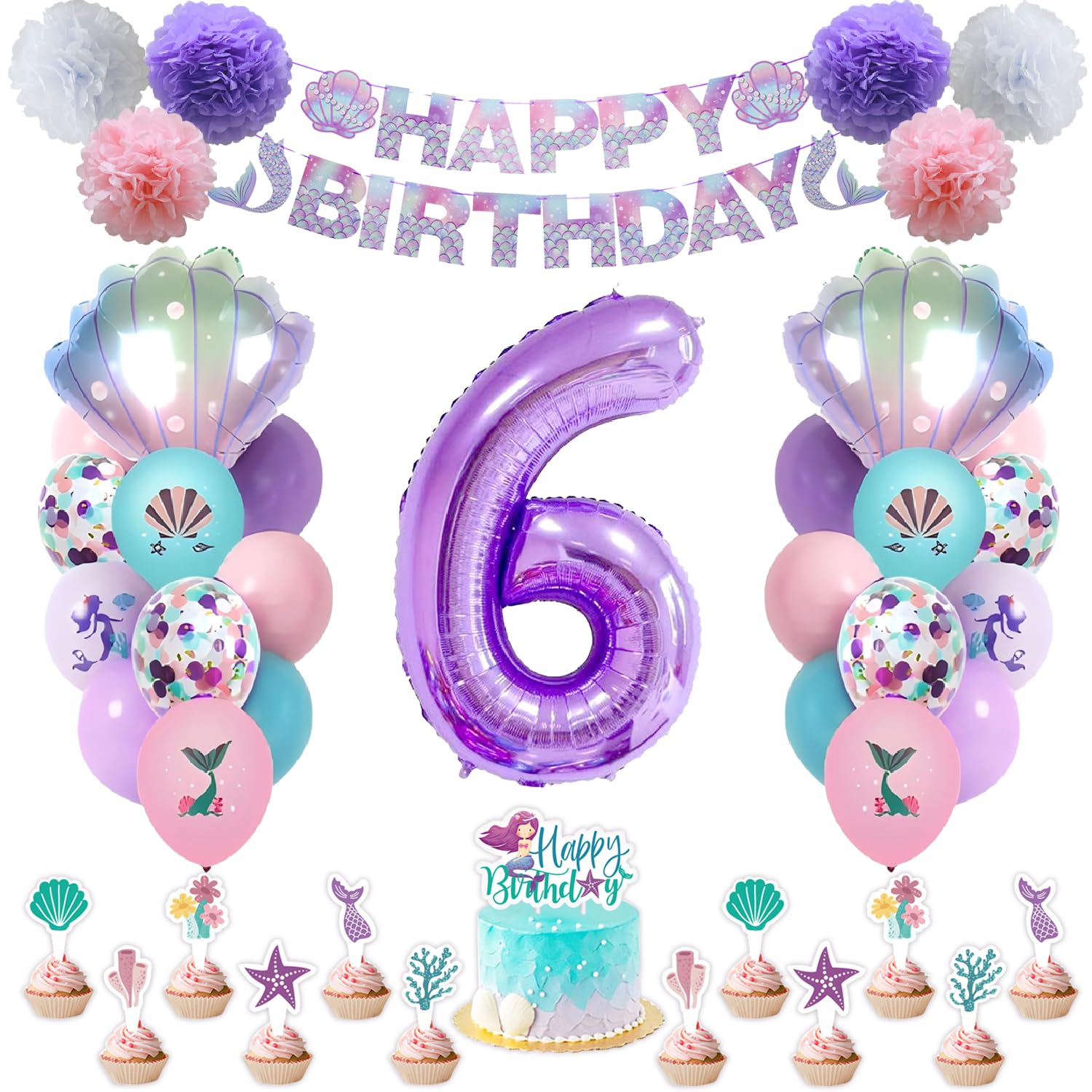 Mermaid Birthday Decorations Little Mermaid Party Decorations Party Supplies Set with Mer maid Shell,Banner,Cake Topper,Pom Poms Flowers,Latex