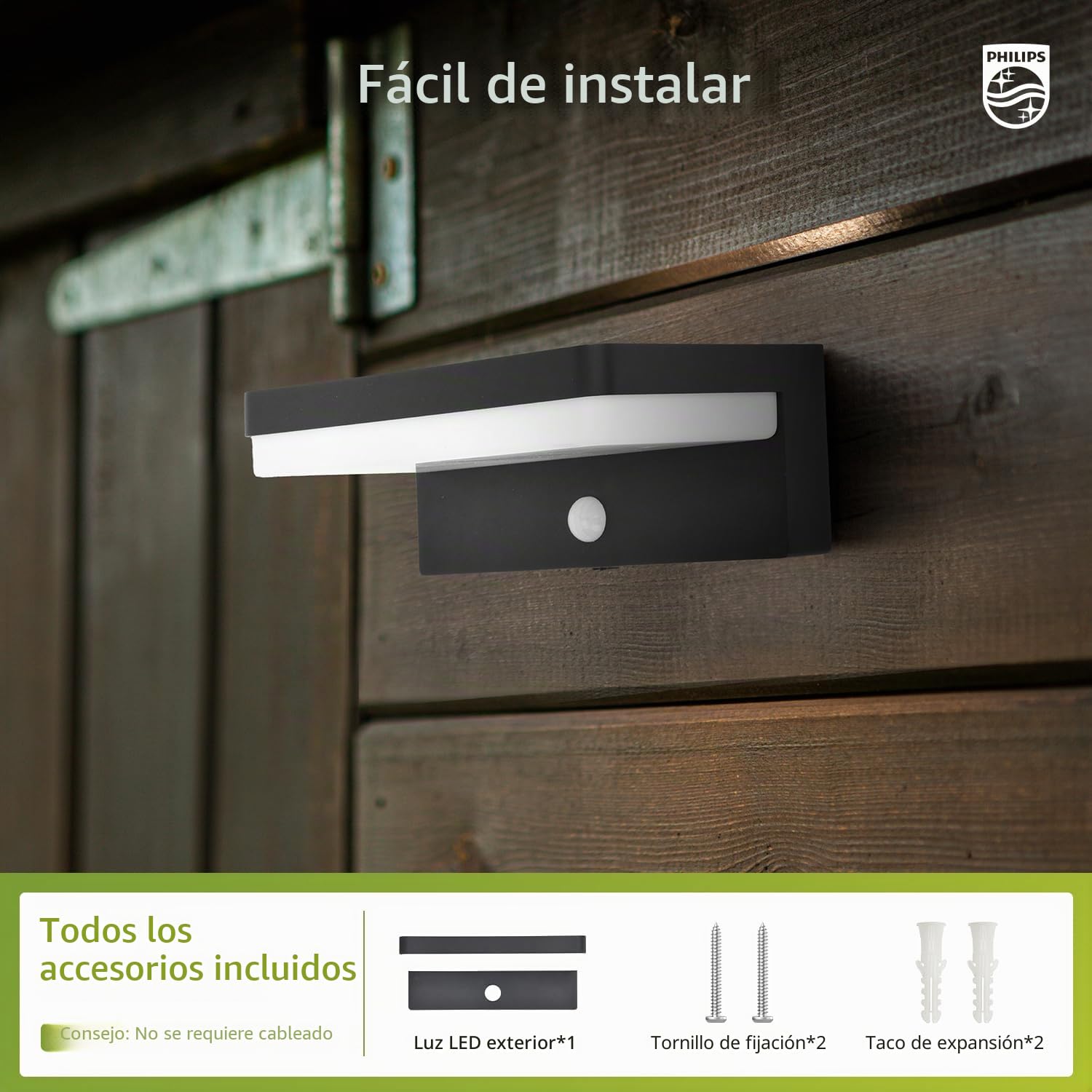 Philips Lámpara solar exterior con sensor de movimiento, 3 modos de iluminación, 5000 K, IP54, impermeable, luz LED solar para garaje, patio, porche