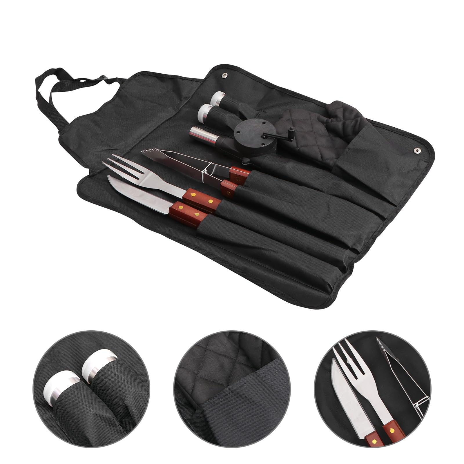 Set Utensili Barbecue in Acciaio Inox Manico in Legno | Nero, Design Compatto, Borsa di Stoccaggio Inclusa, per Outdoor e Barbecue Party