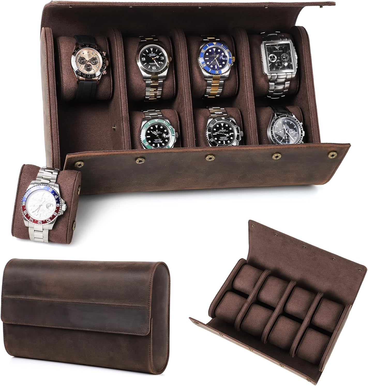 Top Grain Genuine Leather 8-Watches Roll Organizer for Man & Woman, Solid Vintage Design for Watches/Bracelets, Fully Handmade, Large Capacity for Traveling & Display, Dark Coffee, 8 Slots