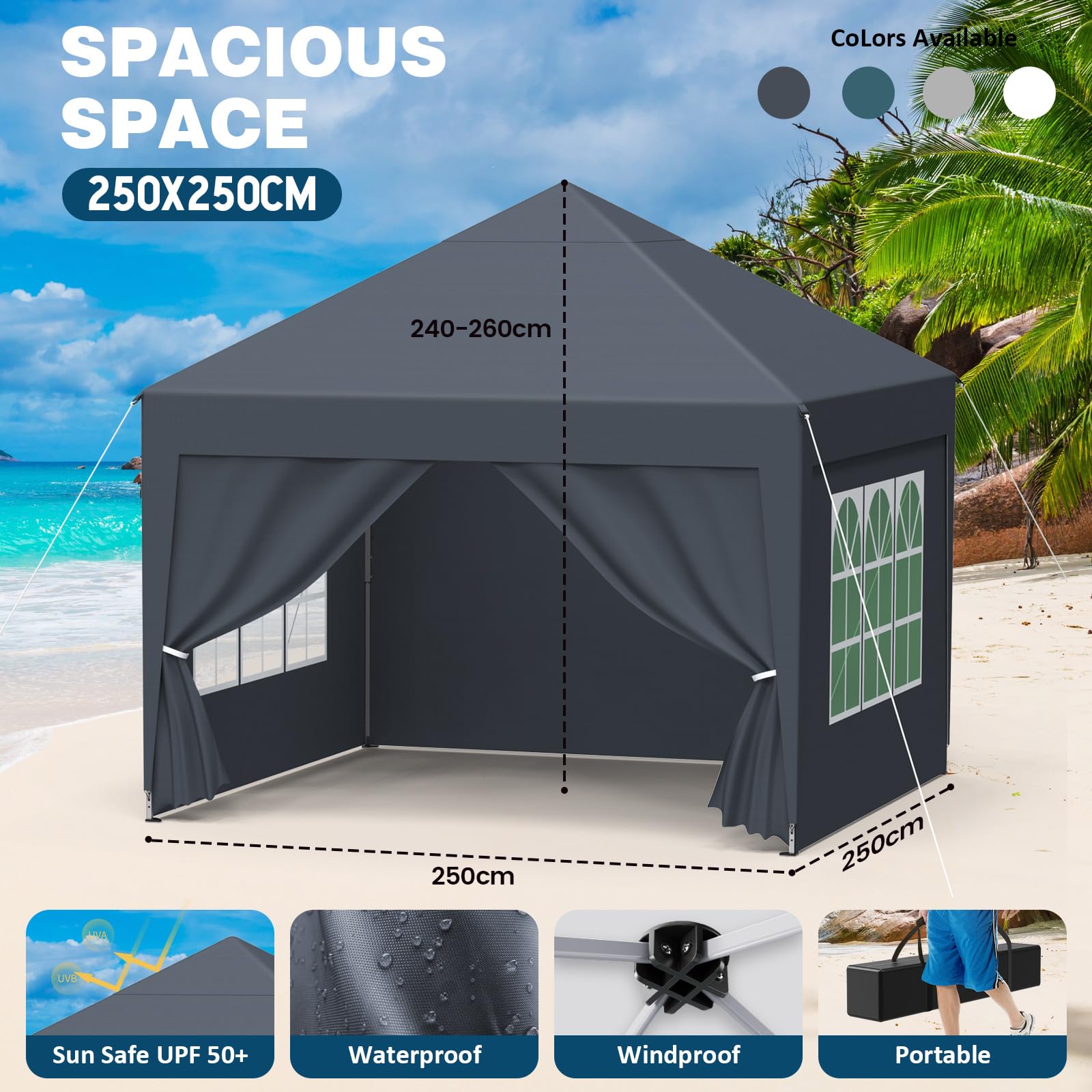 Tonnelle de Jardin 2.5x2.5m,Tonnelle Pliante,Tente de Camping avec 4 Côtés、Sac de Transport,Imperméable,Anti UV50+，Hauteur Réglable，Tente Réception,Barnum pour Exterieur Party Festival,Anthracite