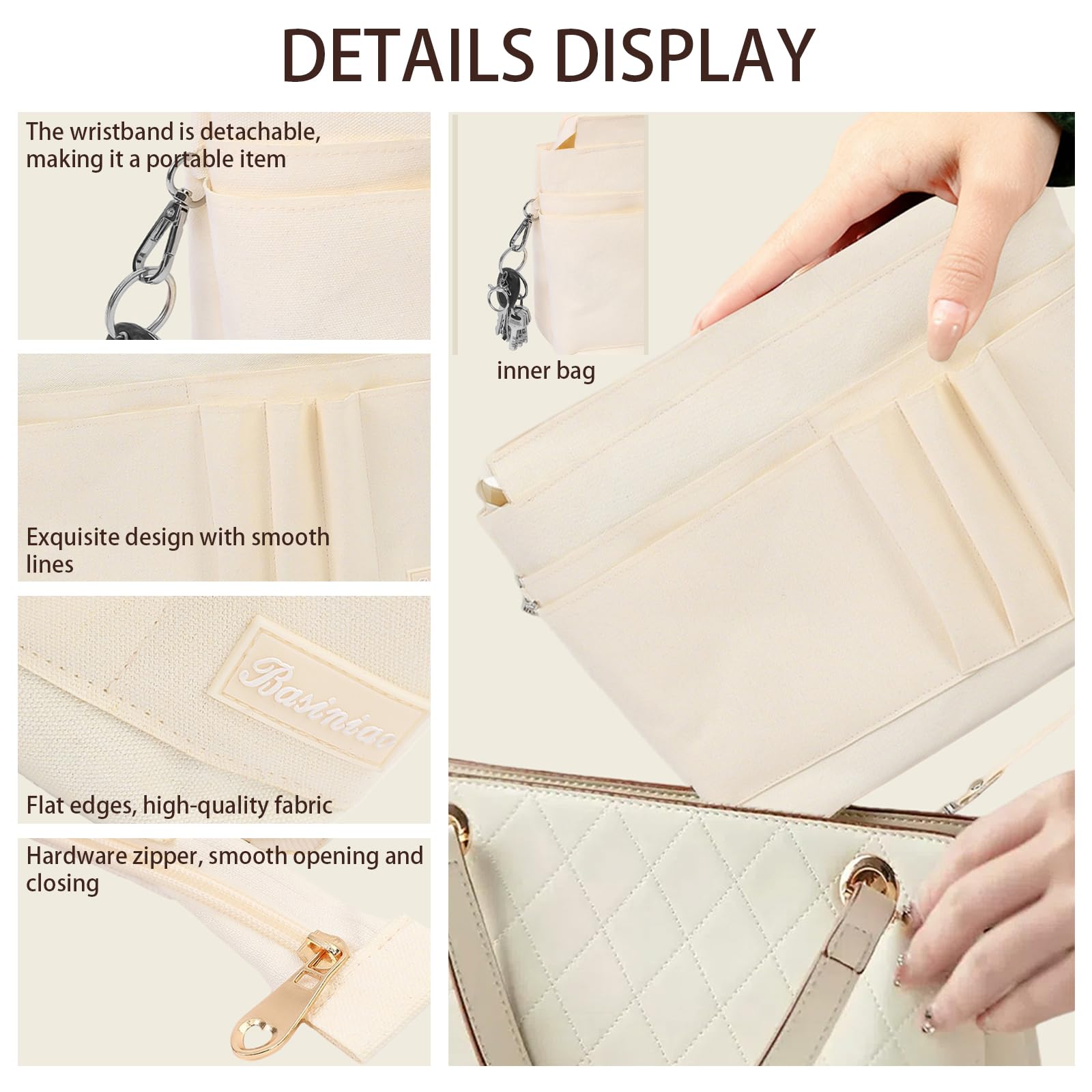 Organizzatore per Borsa Beige in Tela con 15 Scomparti e Cerniera – Organizer Interno per Borsa da Donna – Tasca Organizzatrice per Ufficio, Viaggio, Shopping, Scuola