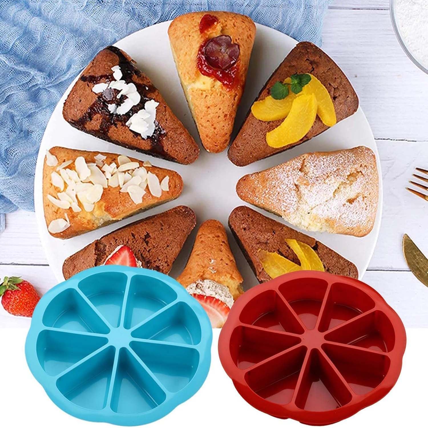 Silikon-Kuchenform mit 8 Mulden, antihaftbeschichtet, Pizzascheiben, Kuchenform, dreieckige Kuchenform, hitzebeständiges Backwerkzeug für Brownies, Muffins, Scone Pizza, Seife (2 Stück blau + rot)