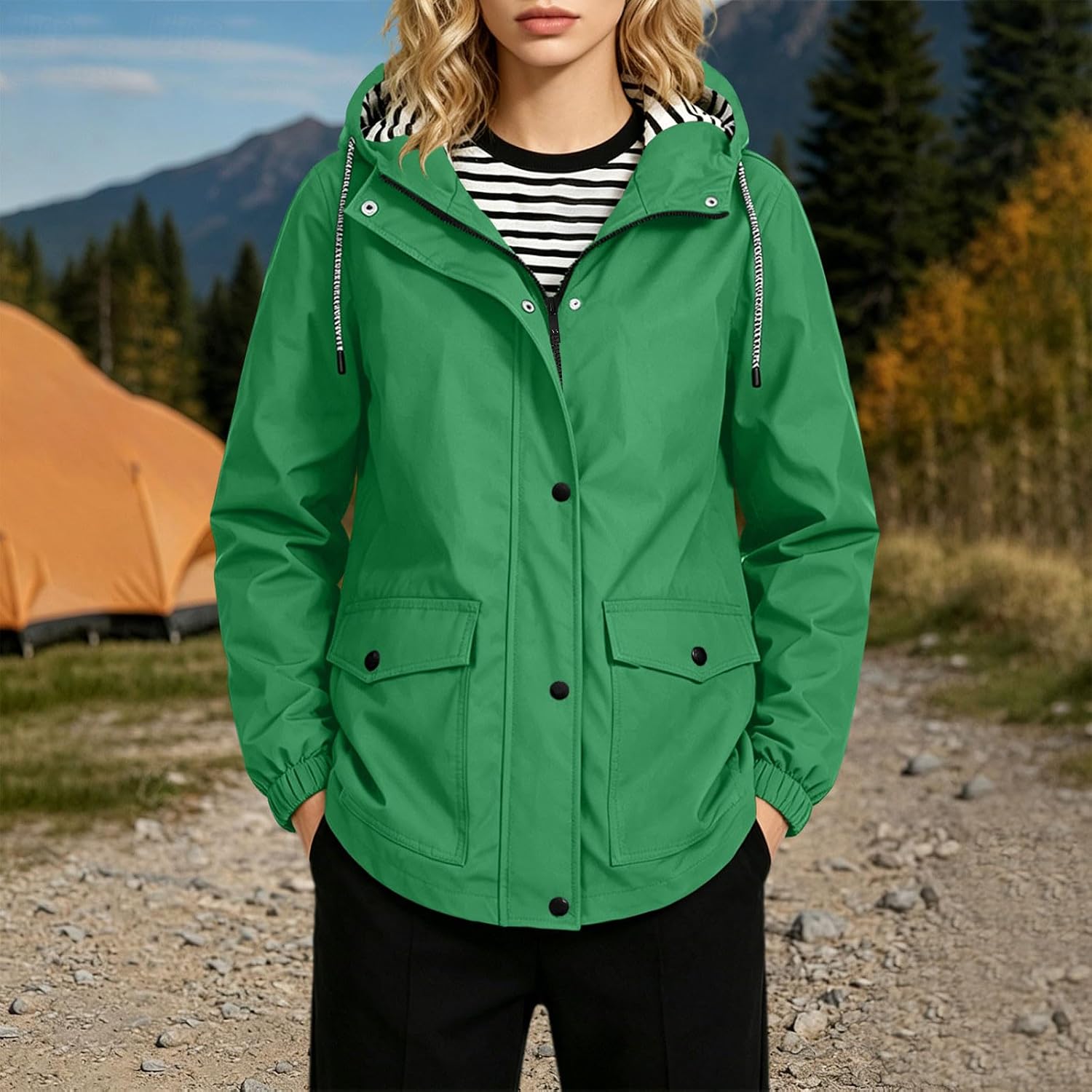 Rain Jacket Women Waterproof Lightweight Rain Coats Plus Size Hiking Travel Windbreaker Coats with Adjustable Hood