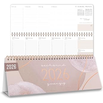H fft Weekly Desk Calendar 2026 Landscape with Stand Soft Beige 1 Week 2 Pages Desk Calendar with Sayings Weekly Calendar 29.7 x 11.6 cm - Sustainable and Climate Friendly