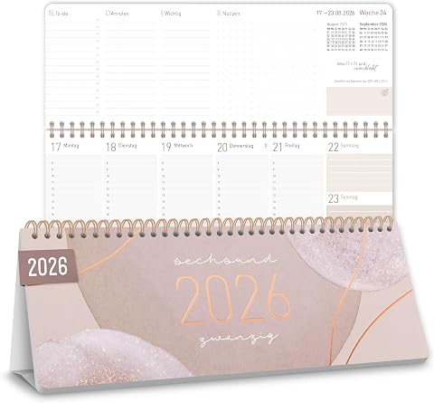 Häfft® Wochen-Tischkalender 2026 quer mit Aufsteller "Soft Beige" 1 Woche 2 Seiten, Schreibtisch-Kalender mit Sprüchen, Wochenkalender 29,7 x 11,6 cm - nachhaltig & klimafreundlich