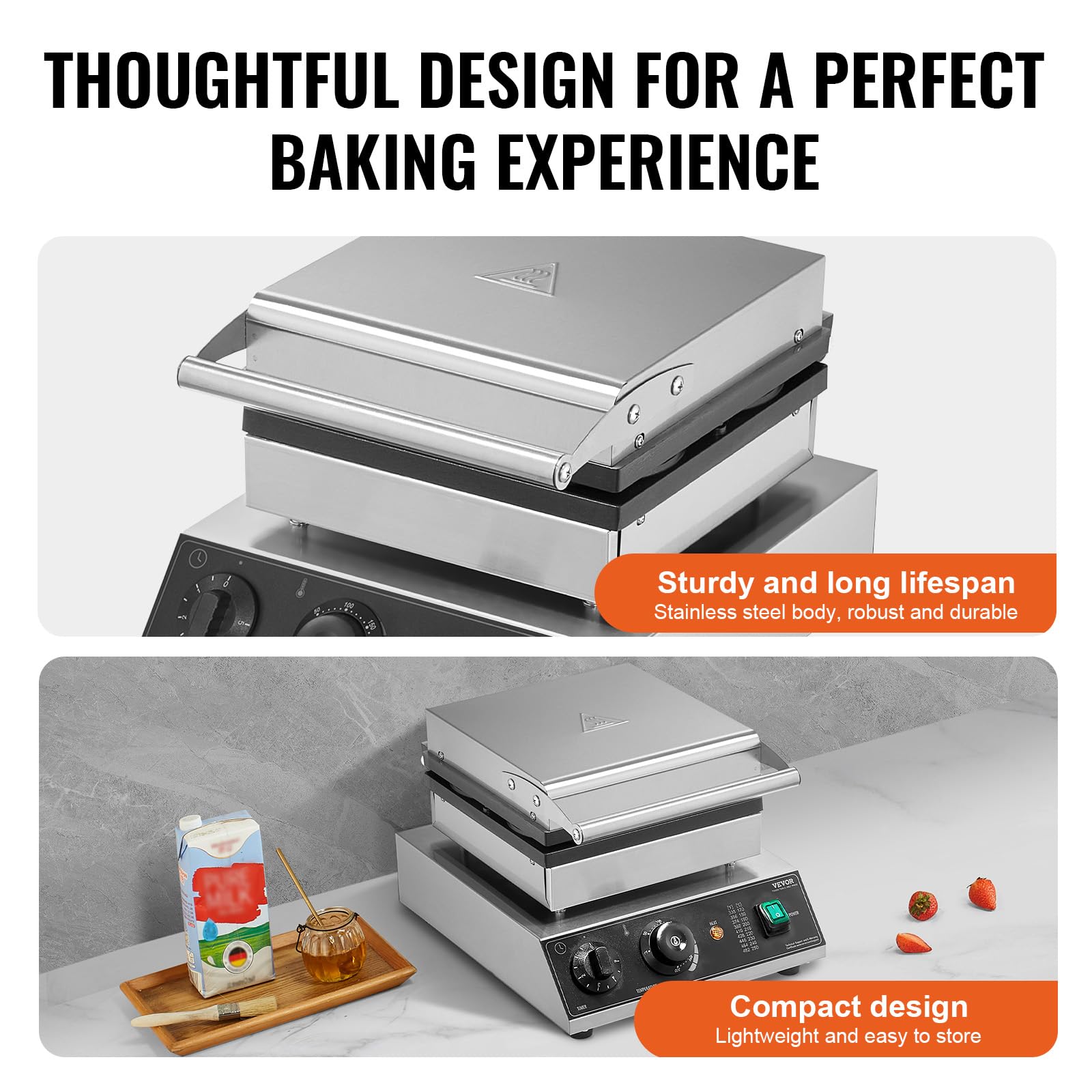 VEVOR kommerzielles Waffeleisen Waffelmaschine 1750 W antihaftbeschichtetes belgisches Waffeleisen aus Edelstahl mit Temperatur- und Zeitregelung, für Restaurant Bäckerei Snackbar 4 runde Waffeln