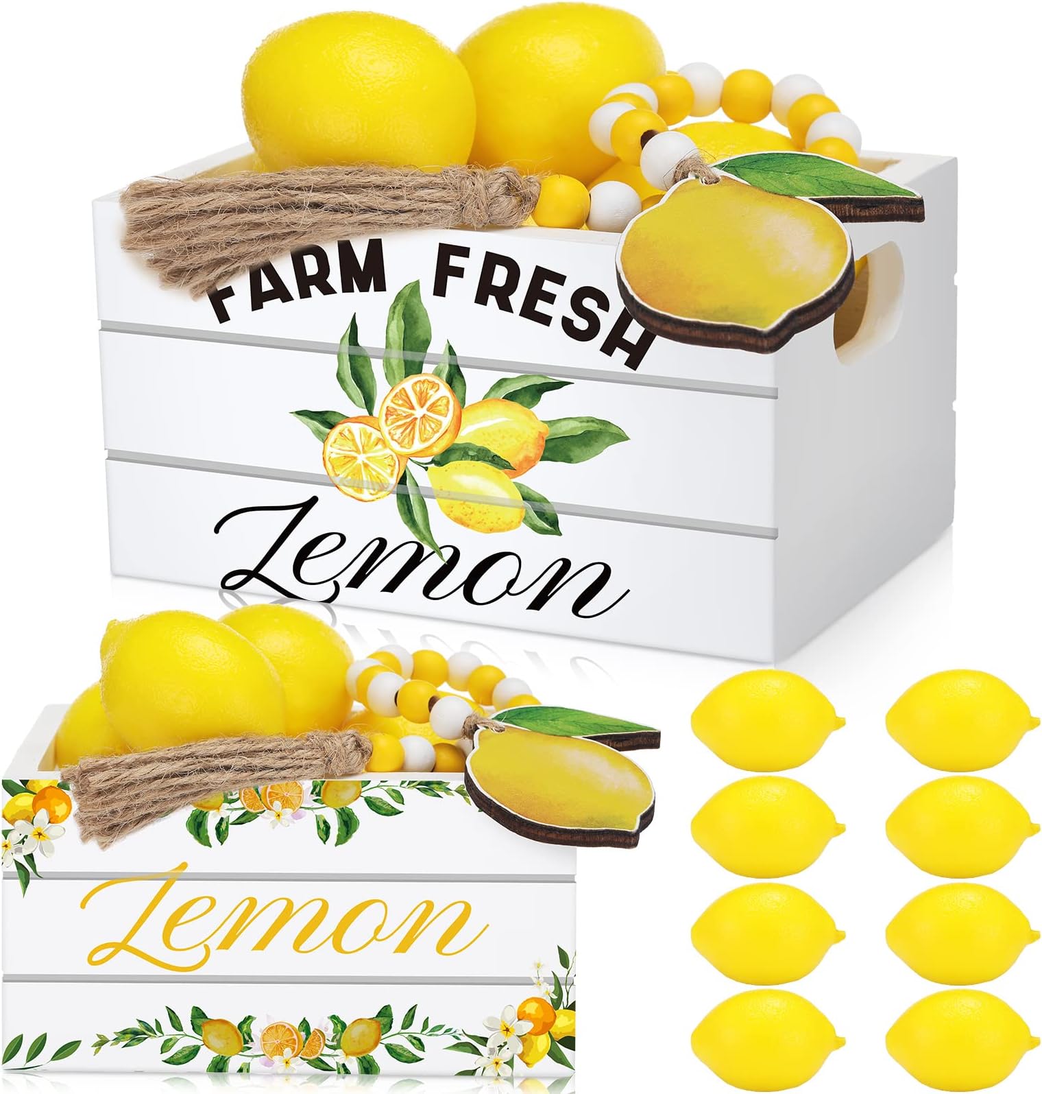 Qunclay Lemon Mini Crate Summer Tiered Tray Decor with 8 Faux Lemons with Wood Bead Tassel Farmhouse Lemonade Kitchen Decorations Summertime Wood Crate for Party Decor