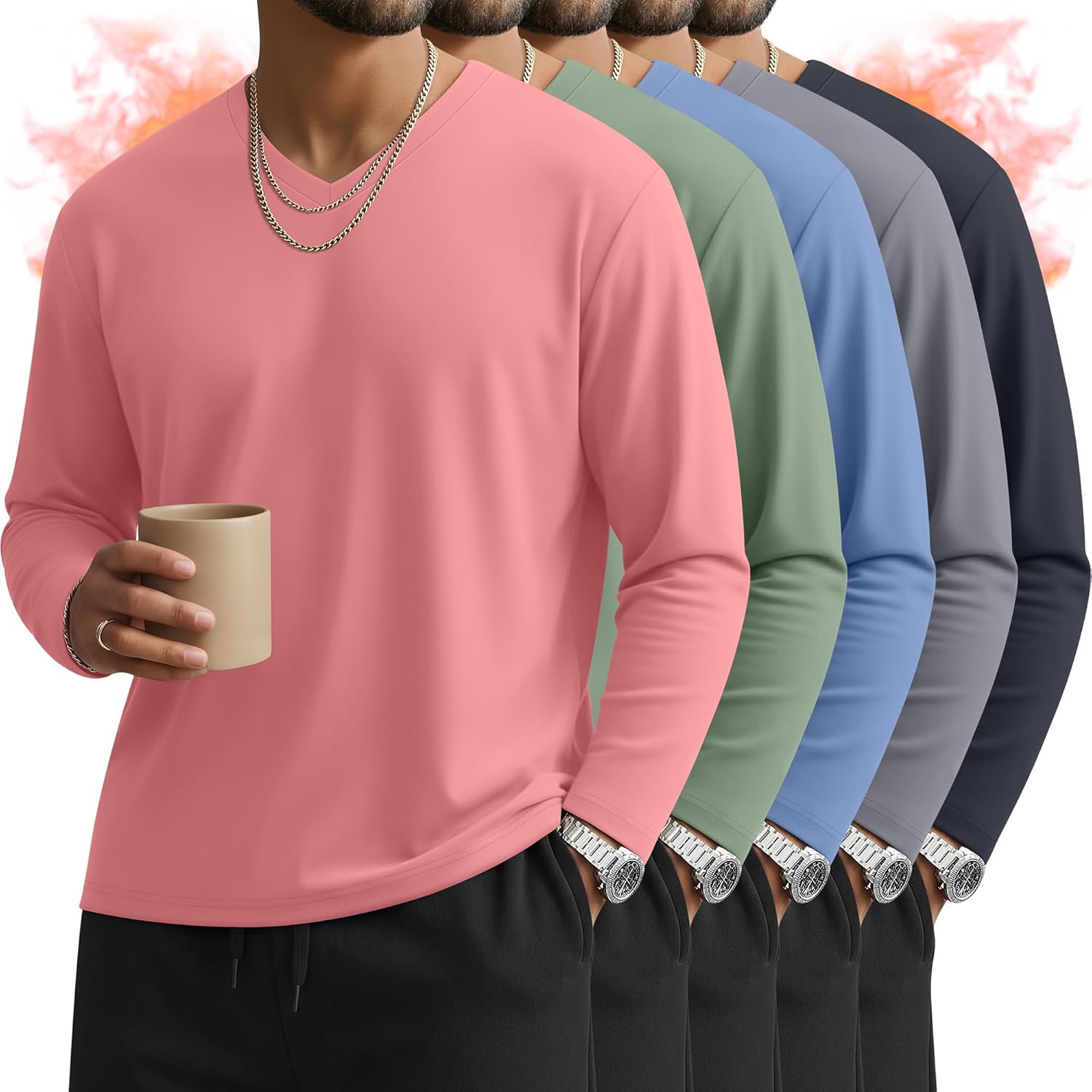 5 Pack Men's Big and Tall Thermal Shirts Fleece Lined V Neck Long Sleeve Base Layer Tops Loose Casual Warm Winter