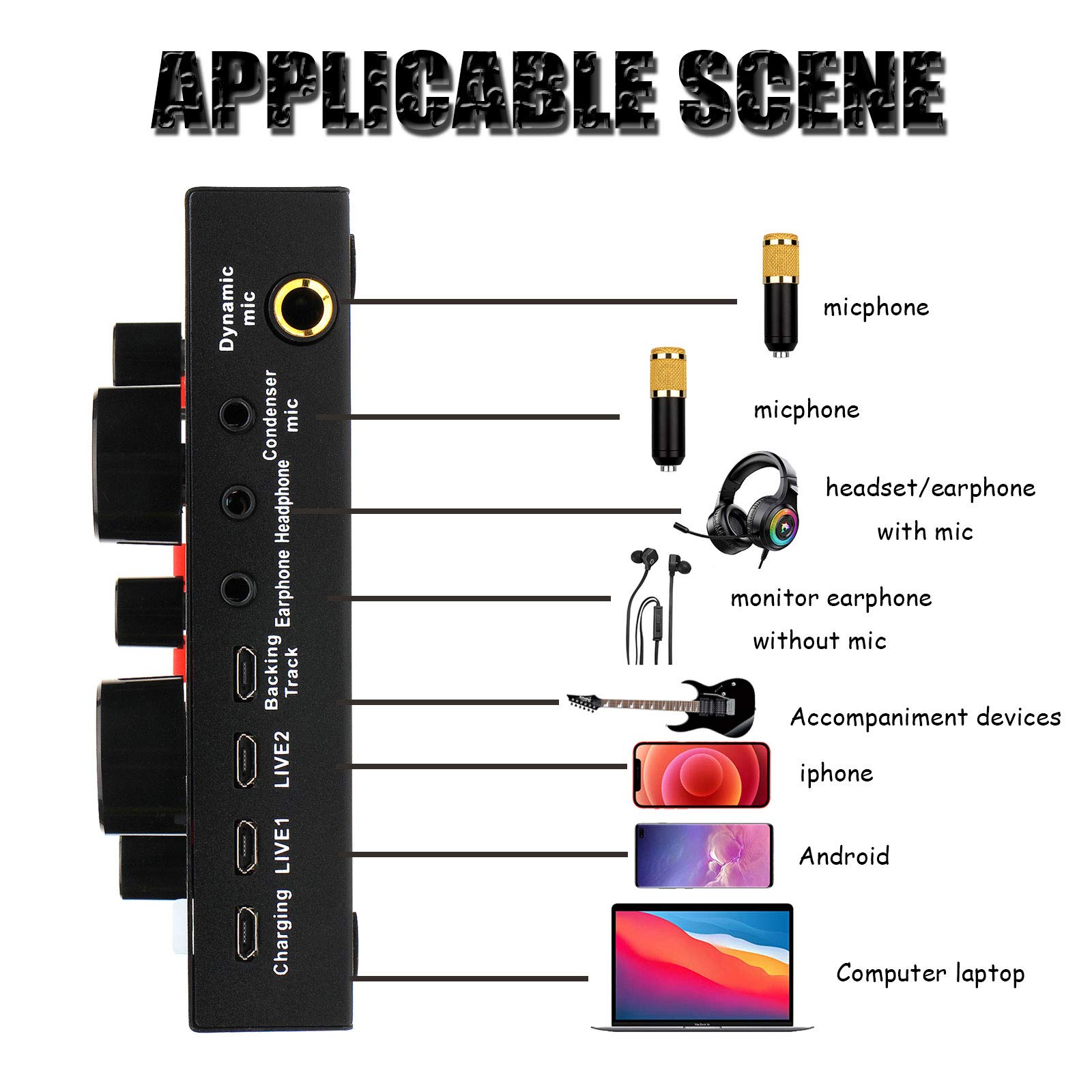 Kit microfono a condensatore regolabile professionale, pacchetto microfono a condensatore con scheda audio dal vivo, pacchetto microfono karaoke, microfono per registrazione in studio al computer