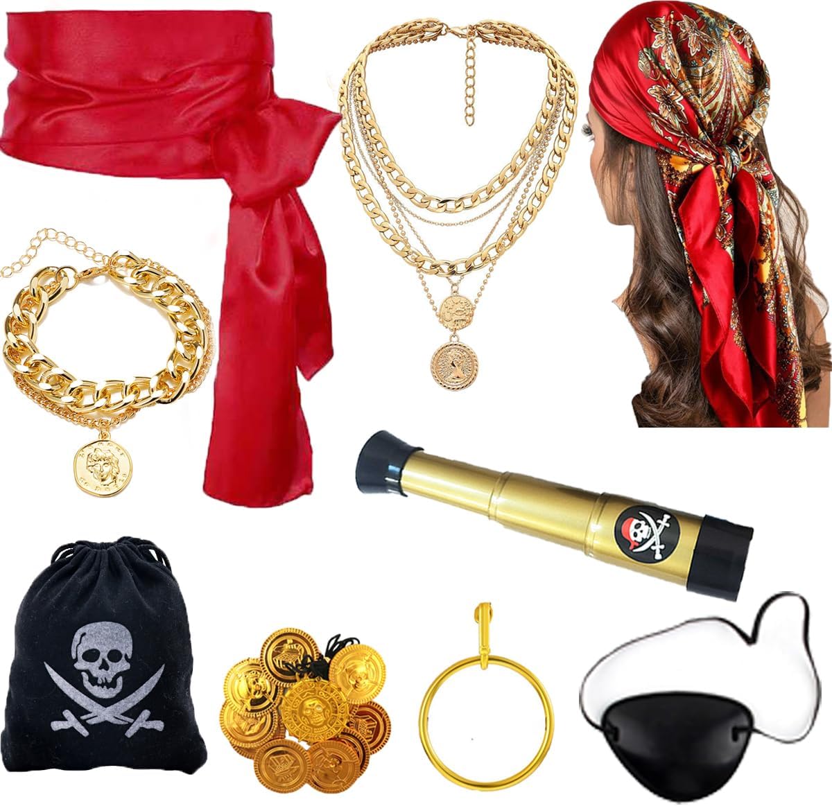 9PCS Pirate Costume Accessories Women with Head Scarf Wrap Pirate Eye Patch Sash Belt Necklace,Bracelet,Binocular,Coins