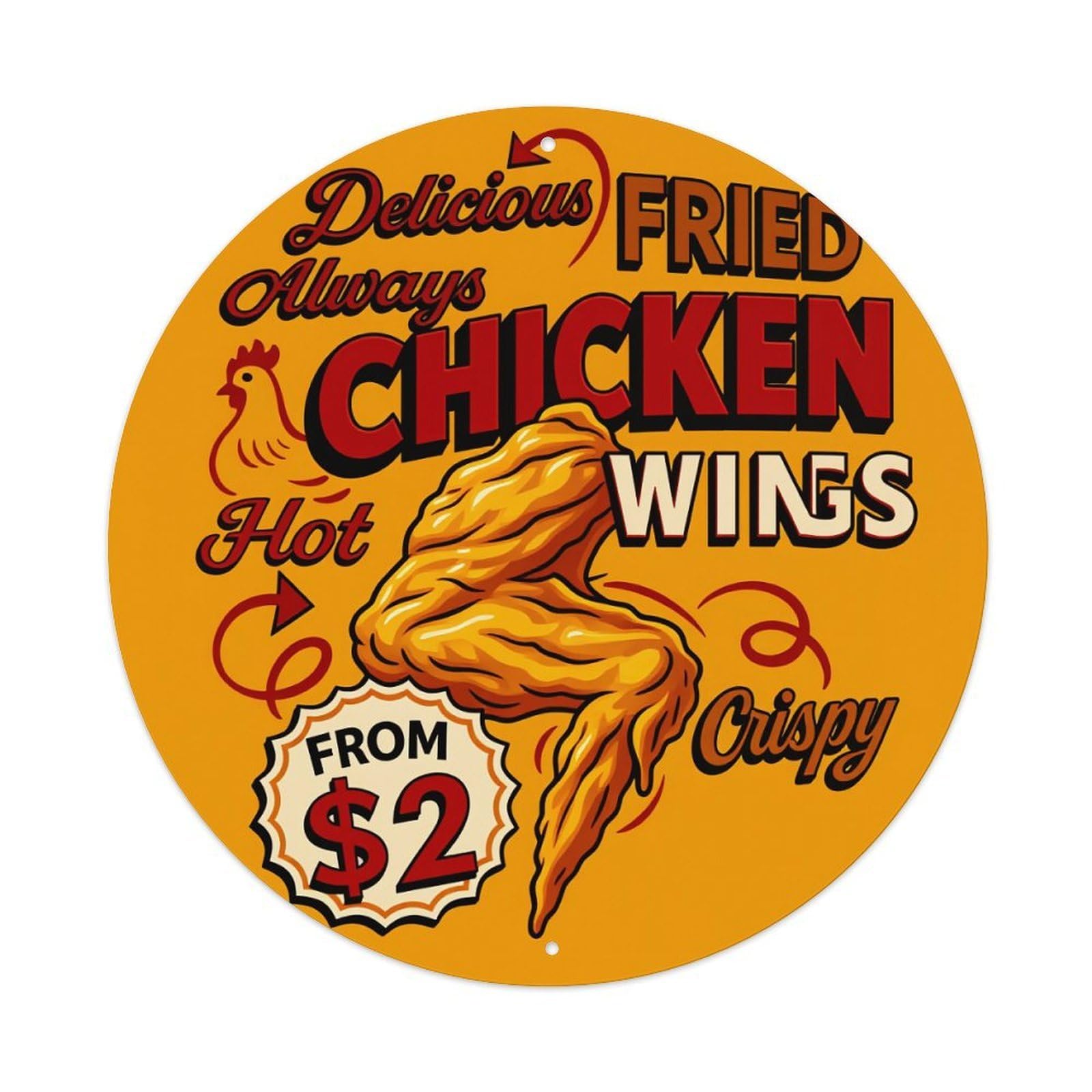 Fried Chicken Wings Hot Crispy Round Tin Sign Vintage Style Metal Sign Home Bar Garden Wall Plaque Decor Metal Poster 8x8 Inch