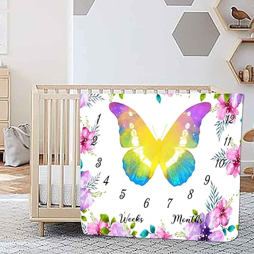 Miniatura 5 de LYLYCTY BTZYLY36 - Manta mensual para bebé, diseño de flores y mariposas, personalizada, incluye corona y marco, 47 x 47 pulgadas