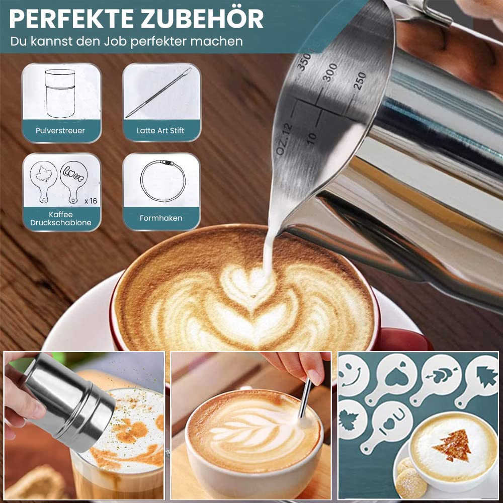 Bricco Latte Art In Acciaio Inox 350ml - Per Cappuccino E Schiuma Latte Con Stencil E Accessori | Professionale Per Barista - Foto 8