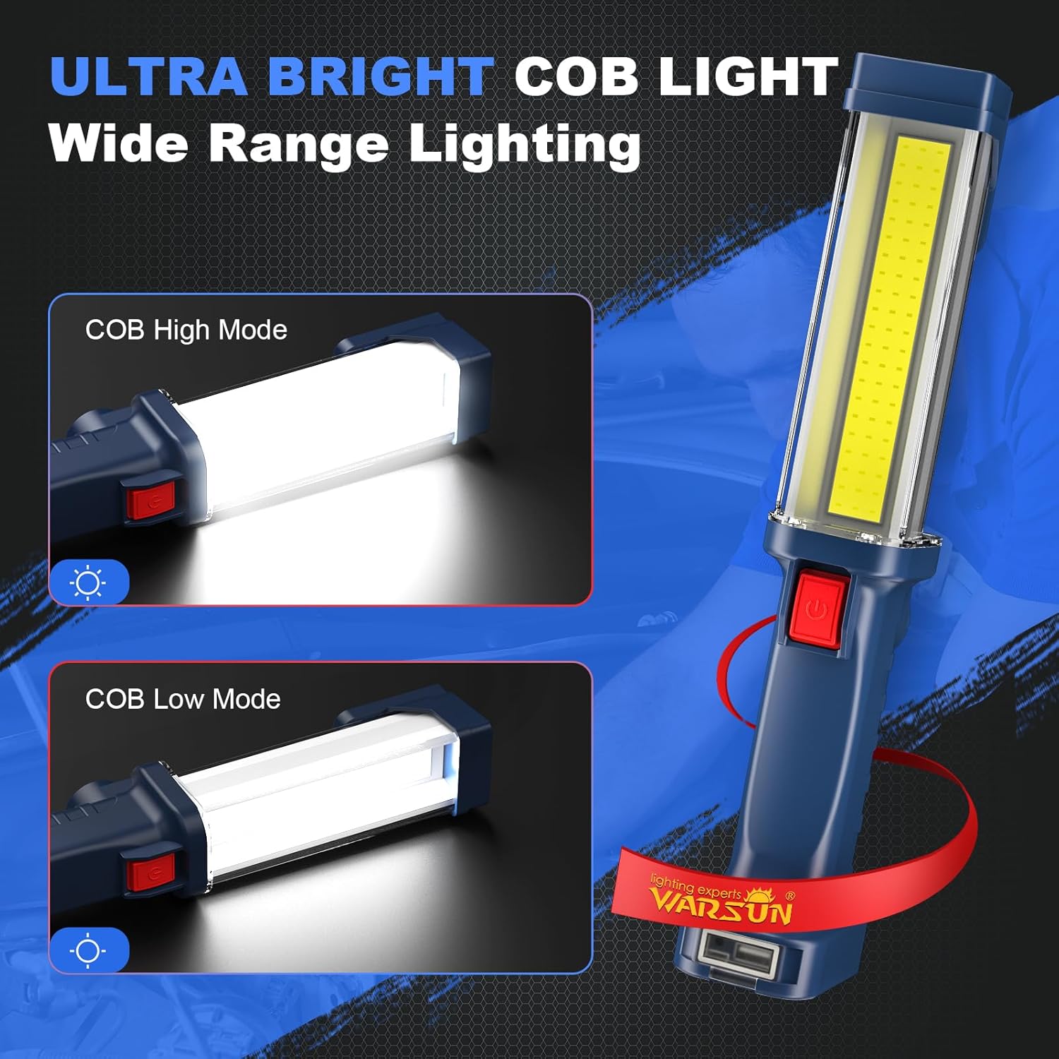 WARSUN ZJ889-COB LED Work Light showing high and low brightness modes